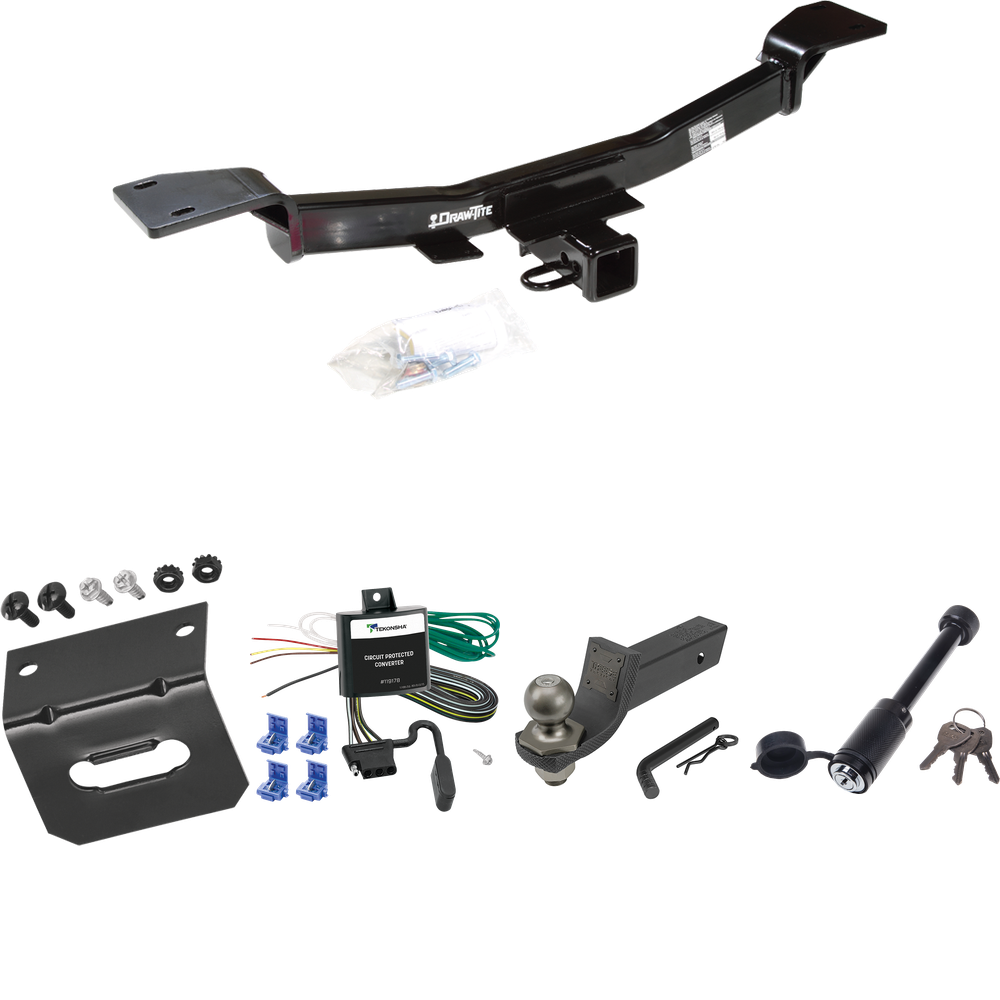 Fits 2005-2010 KIA Sportage Trailer Hitch Tow PKG w/ 4-Flat Wiring + Interlock Tactical Starter Kit w/ 2" Drop & 2" Ball + Tactical Dogbone Lock + Wiring Bracket (For V6 Engine Models) By Draw-Tite