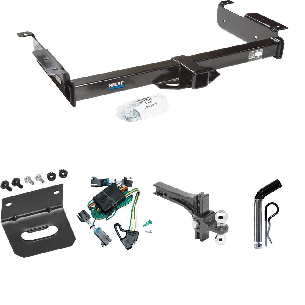 Fits 2000-2002 Chevrolet Express 1500 Trailer Hitch Tow PKG w/ 4-Flat Wiring Harness + Dual Adjustable Drop Rise Ball Ball Mount 2" & 2-5/16" Trailer Balls + Pin/Clip + Wiring Bracket By Reese Towpower