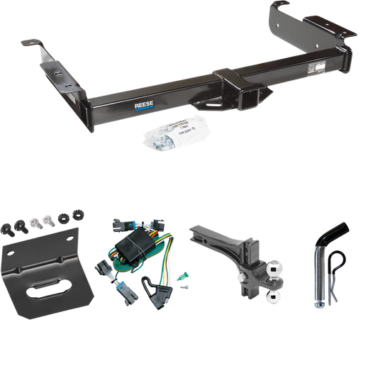 Fits 2000-2002 Chevrolet Express 1500 Trailer Hitch Tow PKG w/ 4-Flat Wiring Harness + Dual Adjustable Drop Rise Ball Ball Mount 2" & 2-5/16" Trailer Balls + Pin/Clip + Wiring Bracket By Reese Towpower