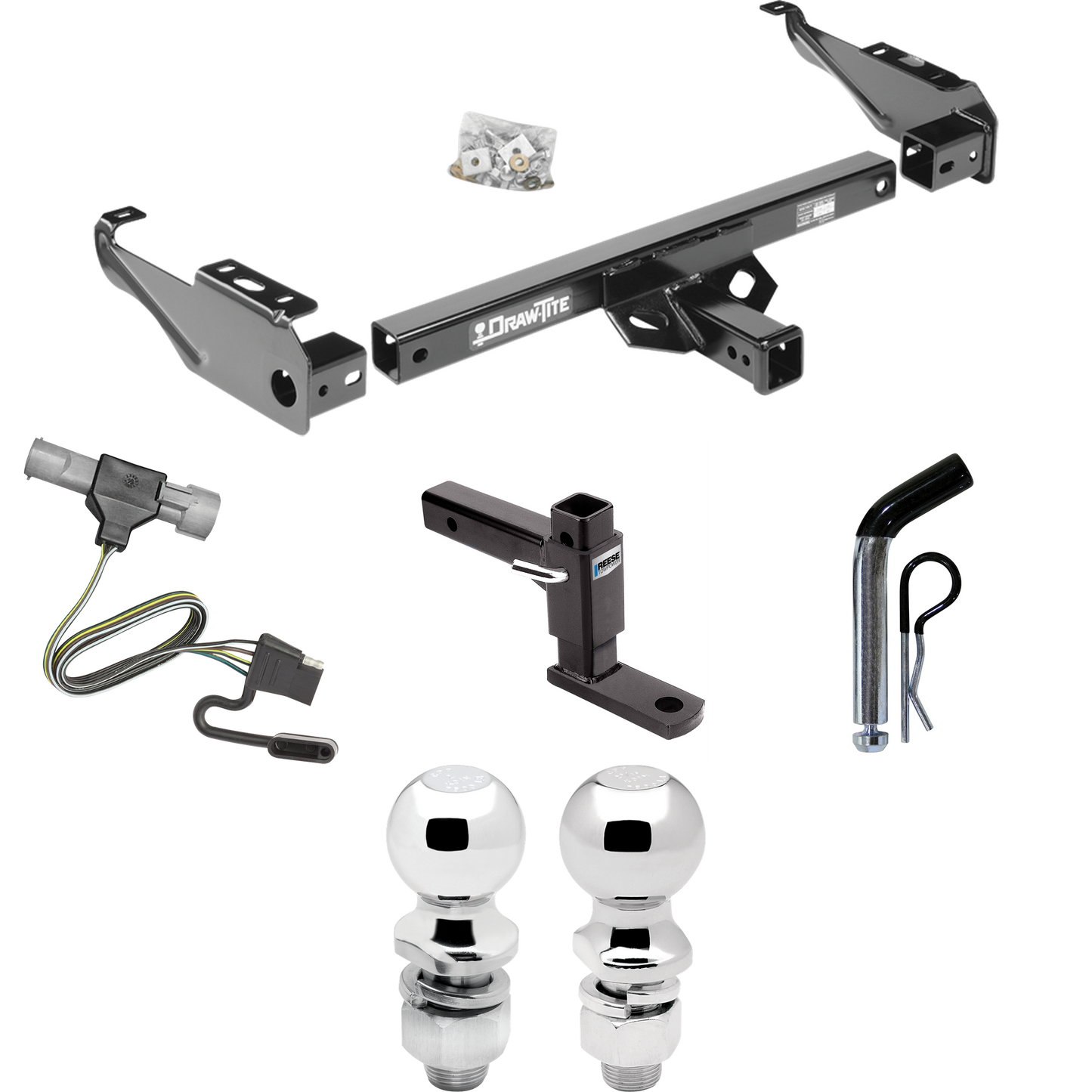 Fits 1987-1996 Ford F-350 Trailer Hitch Tow PKG w/ 4-Flat Wiring + Adjustable Drop Rise Ball Mount + Pin/Clip + 2" Ball + 2-5/16" Ball By Draw-Tite