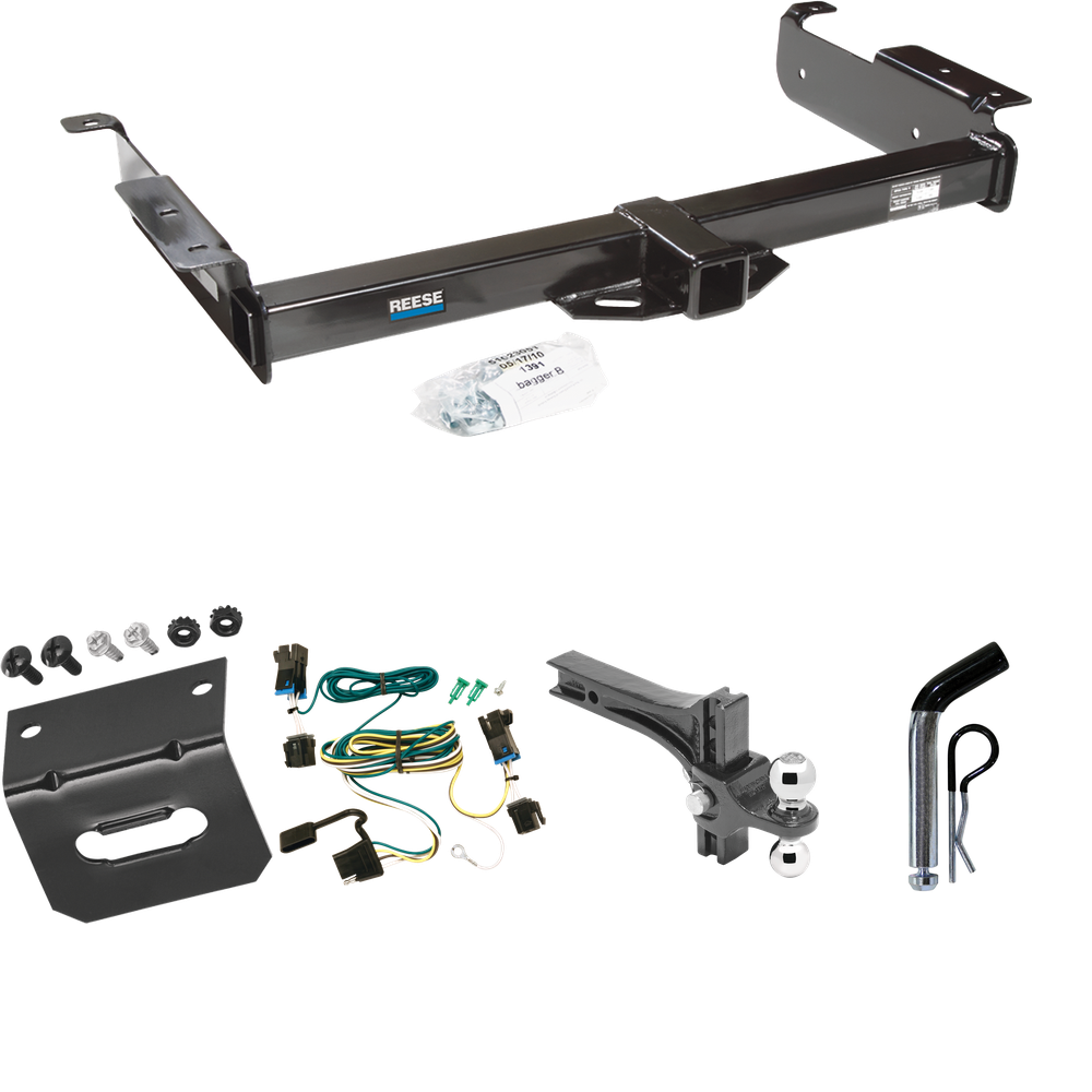 Fits 2003-2014 Chevrolet Express 1500 Trailer Hitch Tow PKG w/ 4-Flat Wiring Harness + Dual Adjustable Drop Rise Ball Ball Mount 2" & 2-5/16" Trailer Balls + Pin/Clip + Wiring Bracket By Reese Towpower