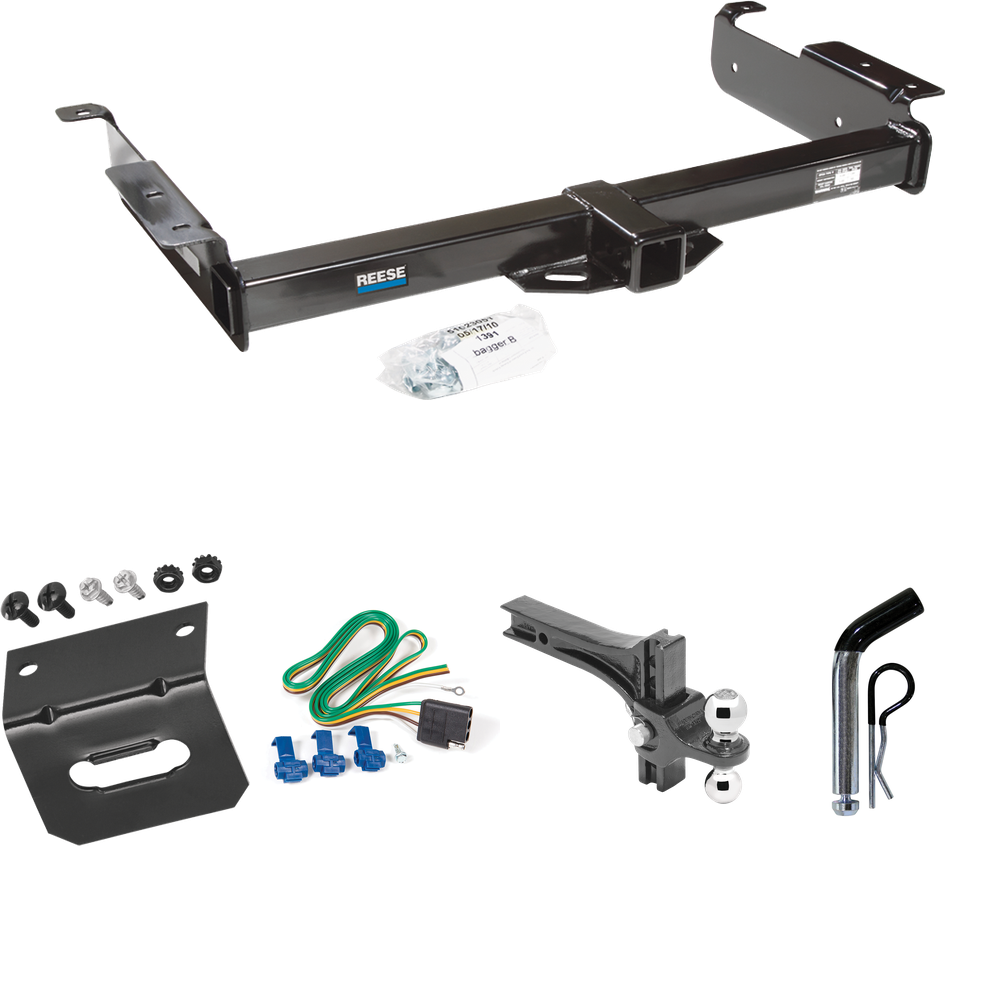 Fits 1996-1999 GMC Savana 2500 Trailer Hitch Tow PKG w/ 4-Flat Wiring Harness + Dual Adjustable Drop Rise Ball Ball Mount 2" & 2-5/16" Trailer Balls + Pin/Clip + Wiring Bracket By Reese Towpower