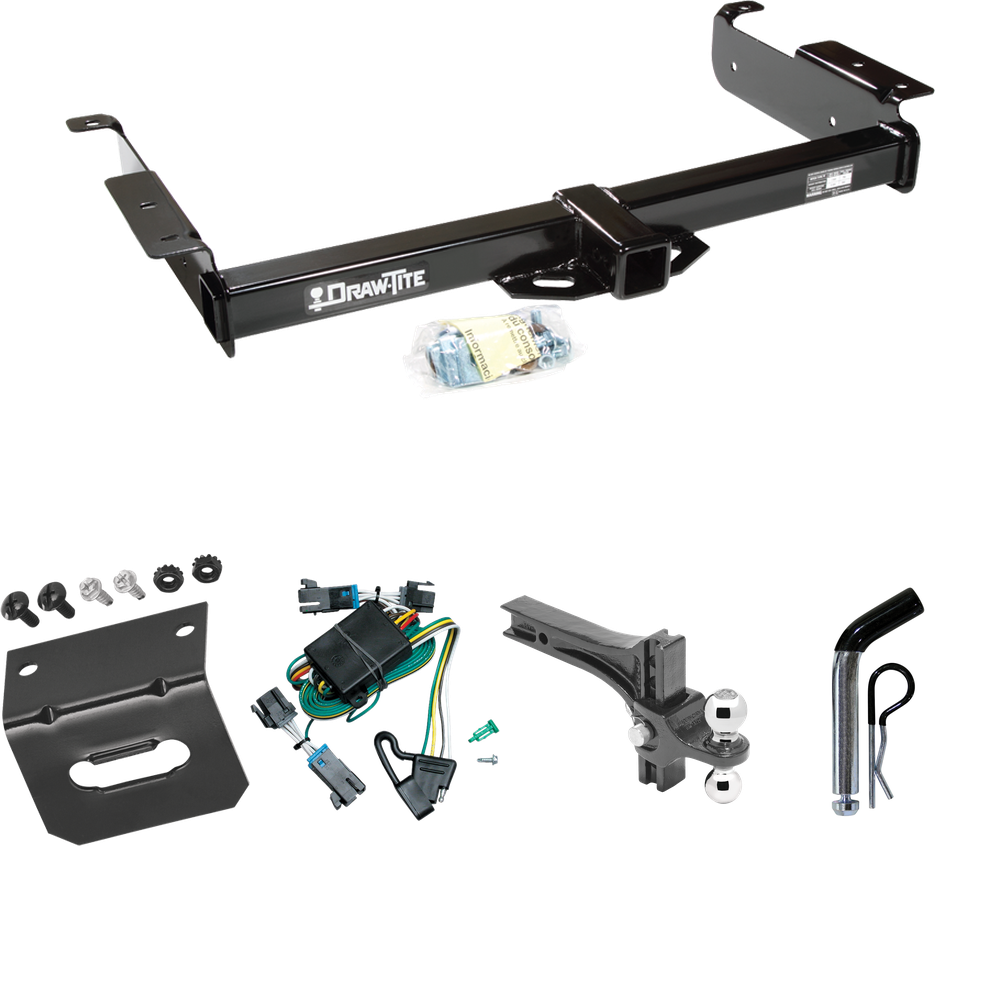 Fits 2000-2002 Chevrolet Express 3500 Trailer Hitch Tow PKG w/ 4-Flat Wiring Harness + Dual Adjustable Drop Rise Ball Ball Mount 2" & 2-5/16" Trailer Balls + Pin/Clip + Wiring Bracket By Draw-Tite