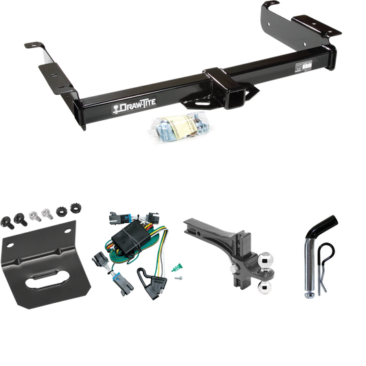 Fits 2000-2002 Chevrolet Express 3500 Trailer Hitch Tow PKG w/ 4-Flat Wiring Harness + Dual Adjustable Drop Rise Ball Ball Mount 2" & 2-5/16" Trailer Balls + Pin/Clip + Wiring Bracket By Draw-Tite