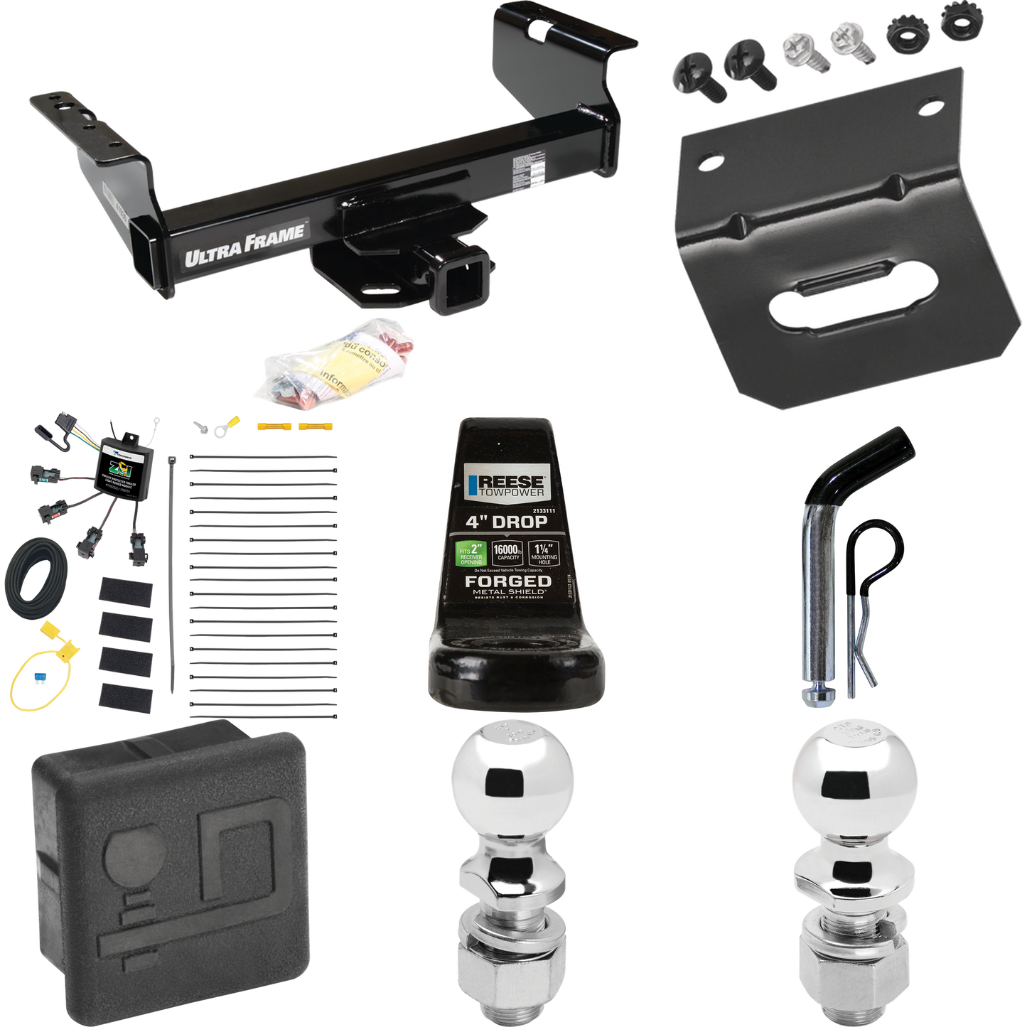 Fits 2007-2024 GMC Sierra 3500 HD Trailer Hitch Tow PKG w/ 4-Flat Zero Contact "No Splice" Wiring Harness + Ball Mount w/ 4" Drop + Pin/Clip + 2" Ball + 2-5/16" Ball + Hitch Cover + Wiring Bracket (For Cab & Chassis, w/34" Wide Frames Models) By Draw