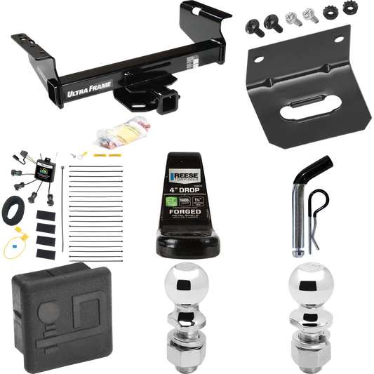 Fits 2007-2024 GMC Sierra 3500 HD Trailer Hitch Tow PKG w/ 4-Flat Zero Contact "No Splice" Wiring Harness + Ball Mount w/ 4" Drop + Pin/Clip + 2" Ball + 2-5/16" Ball + Hitch Cover + Wiring Bracket (For Cab & Chassis, w/34" Wide Frames Models) By Draw