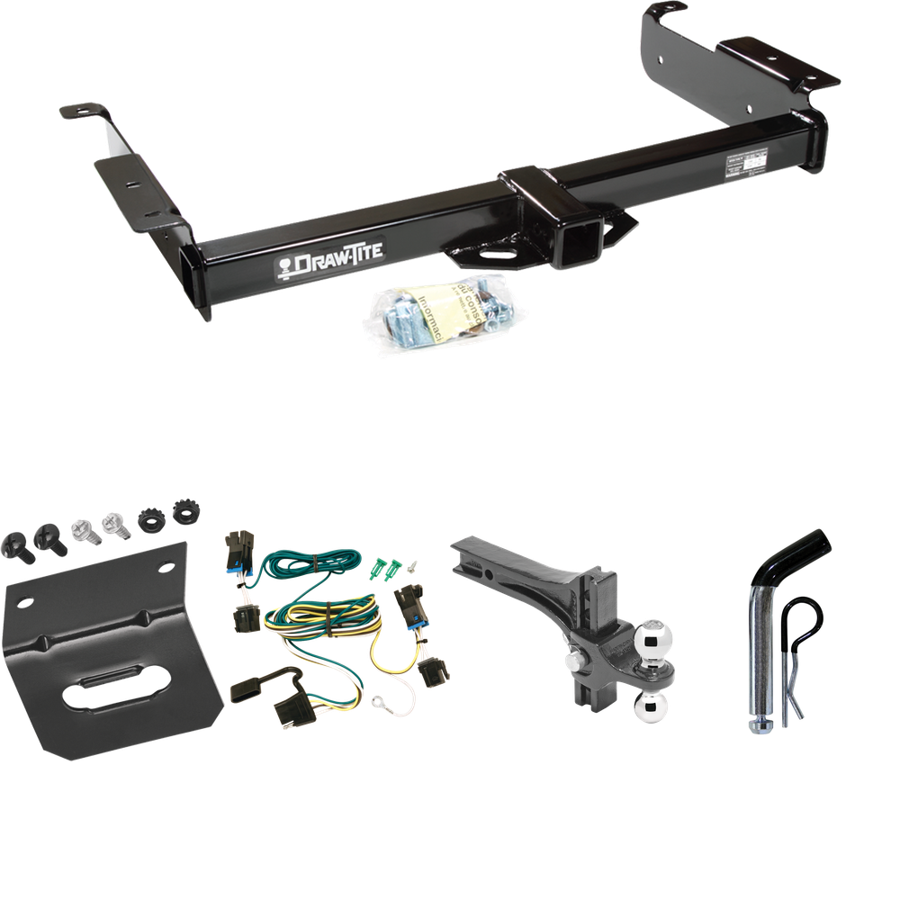 Fits 2003-2023 GMC Savana 2500 Trailer Hitch Tow PKG w/ 4-Flat Wiring Harness + Dual Adjustable Drop Rise Ball Ball Mount 2" & 2-5/16" Trailer Balls + Pin/Clip + Wiring Bracket By Draw-Tite