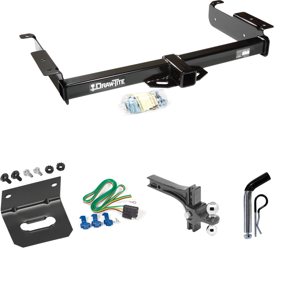 Fits 1996-1999 GMC Savana 2500 Trailer Hitch Tow PKG w/ 4-Flat Wiring Harness + Dual Adjustable Drop Rise Ball Ball Mount 2" & 2-5/16" Trailer Balls + Pin/Clip + Wiring Bracket By Draw-Tite