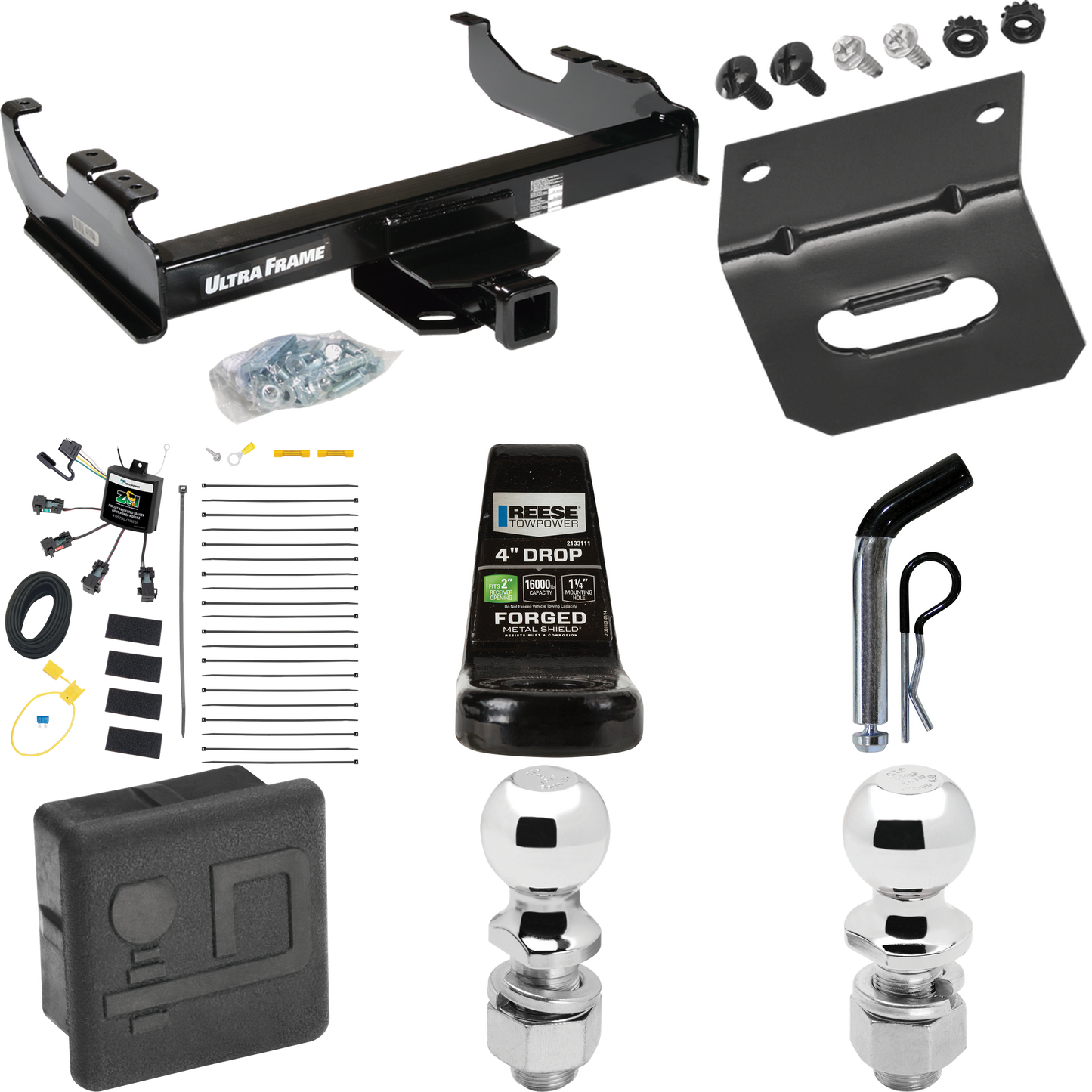 Fits 2007-2023 GMC Sierra 3500 HD Trailer Hitch Tow PKG w/ 4-Flat Zero Contact "No Splice" Wiring Harness + Ball Mount w/ 4" Drop + Pin/Clip + 2" Ball + 2-5/16" Ball + Hitch Cover + Wiring Bracket (For Cab & Chassis, w/34" Wide Frames Models) By Draw