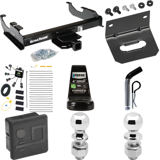 Fits 2007-2023 GMC Sierra 3500 HD Trailer Hitch Tow PKG w/ 4-Flat Zero Contact "No Splice" Wiring Harness + Ball Mount w/ 4" Drop + Pin/Clip + 2" Ball + 2-5/16" Ball + Hitch Cover + Wiring Bracket (For Cab & Chassis, w/34" Wide Frames Models) By Draw