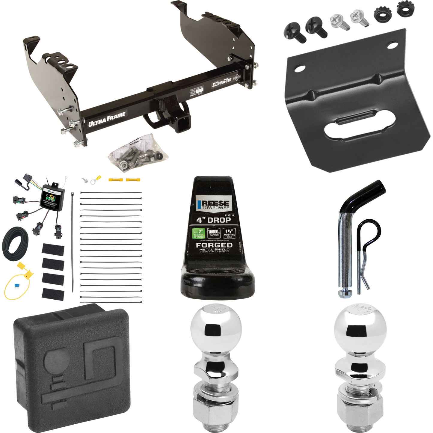 Fits 2007-2024 GMC Sierra 3500 HD Trailer Hitch Tow PKG w/ 4-Flat Zero Contact "No Splice" Wiring Harness + Ball Mount w/ 4" Drop + Pin/Clip + 2" Ball + 2-5/16" Ball + Hitch Cover + Wiring Bracket (For Cab & Chassis, w/34" Wide Frames Models) By Draw