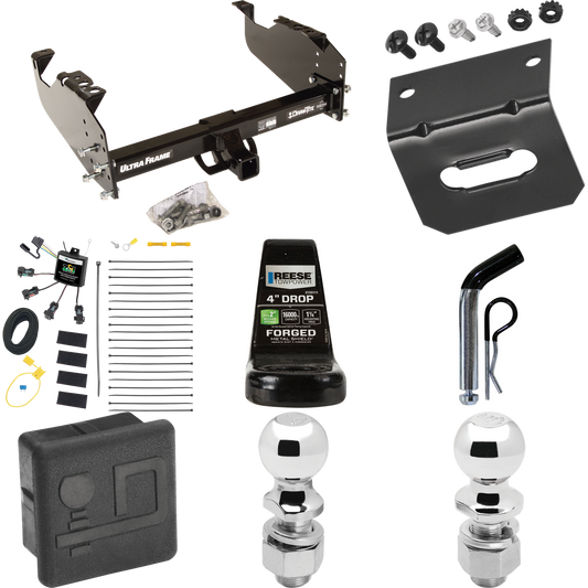 Fits 2007-2024 GMC Sierra 3500 HD Trailer Hitch Tow PKG w/ 4-Flat Zero Contact "No Splice" Wiring Harness + Ball Mount w/ 4" Drop + Pin/Clip + 2" Ball + 2-5/16" Ball + Hitch Cover + Wiring Bracket (For Cab & Chassis, w/34" Wide Frames Models) By Draw