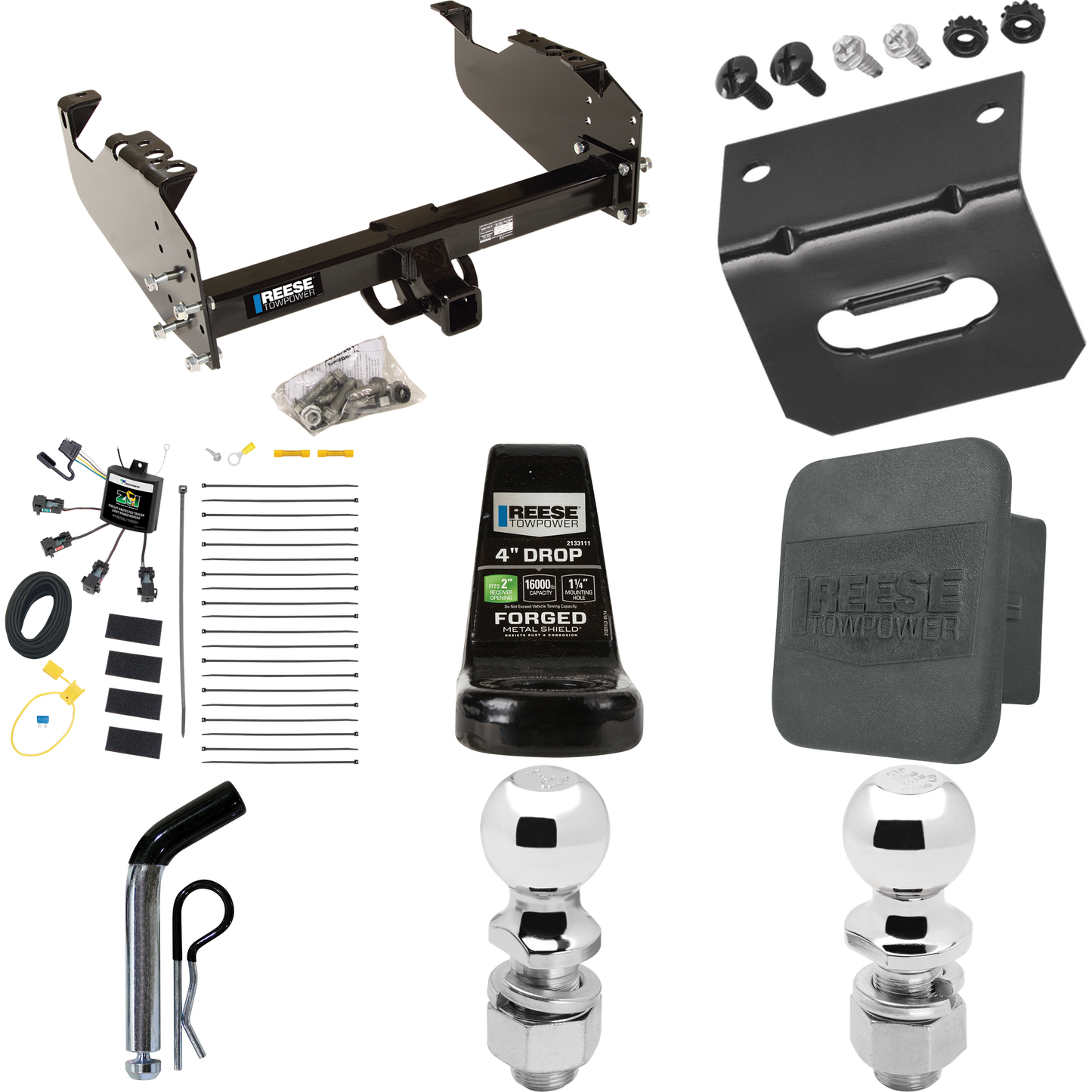 Fits 2007-2023 GMC Sierra 3500 HD Trailer Hitch Tow PKG w/ 4-Flat Zero Contact "No Splice" Wiring Harness + Ball Mount w/ 4" Drop + Pin/Clip + 2" Ball + 2-5/16" Ball + Hitch Cover + Wiring Bracket (For Cab & Chassis, w/34" Wide Frames Models) By Rees