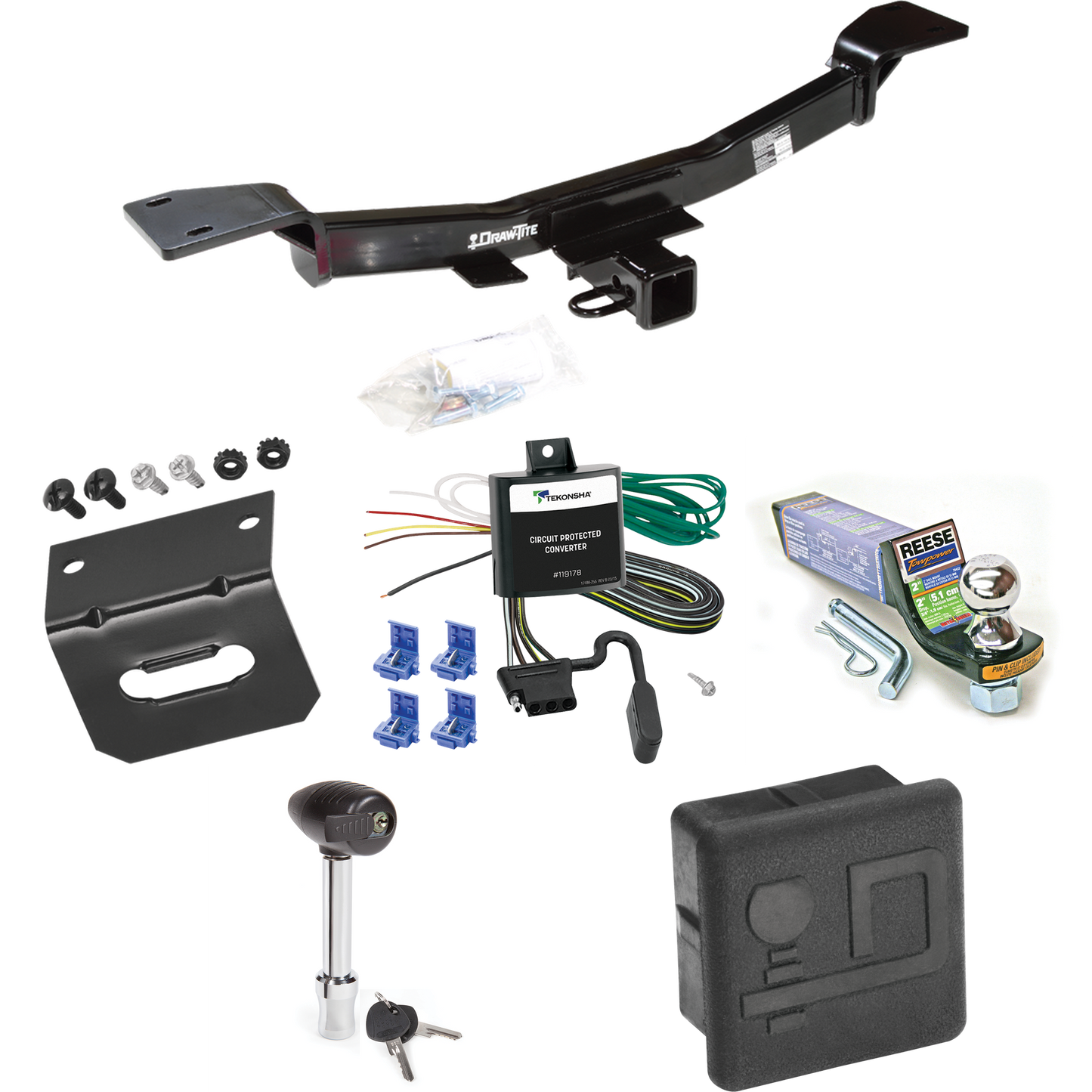 Fits 2005-2010 KIA Sportage Trailer Hitch Tow PKG w/ 4-Flat Wiring + Starter Kit Ball Mount w/ 2" Drop & 1-7/8" Ball + Wiring Bracket + Hitch Lock + Hitch Cover (For I4 Engine Models) By Draw-Tite