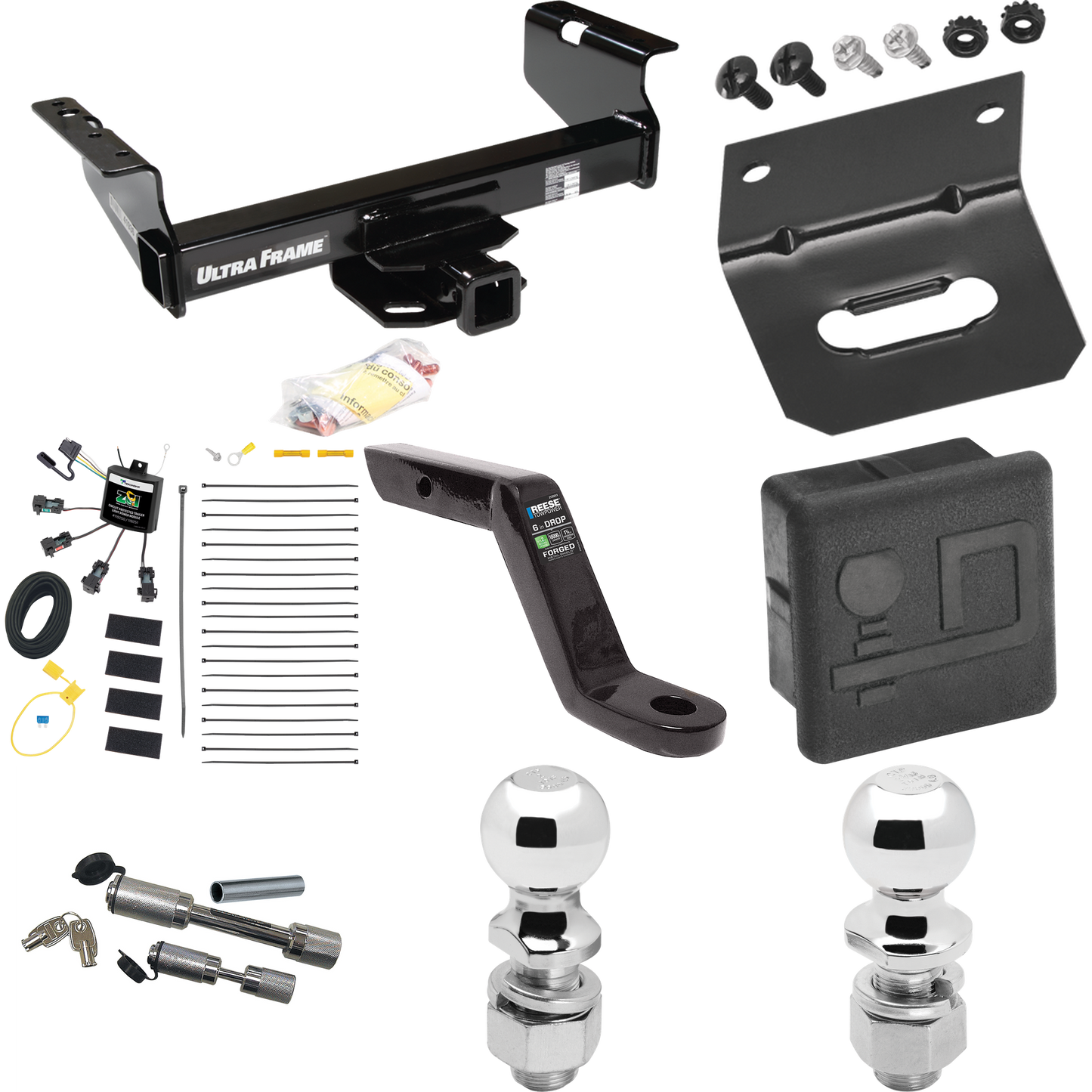 Fits 2007-2024 GMC Sierra 3500 HD Trailer Hitch Tow PKG w/ 4-Flat Zero Contact "No Splice" Wiring Harness + Ball Mount w/ 6" Drop + Dual Hitch & Coupler Locks + 2" Ball + 2-5/16" Ball + Hitch Cover + Wiring Bracket (For Cab & Chassis, w/34" Wide Fram