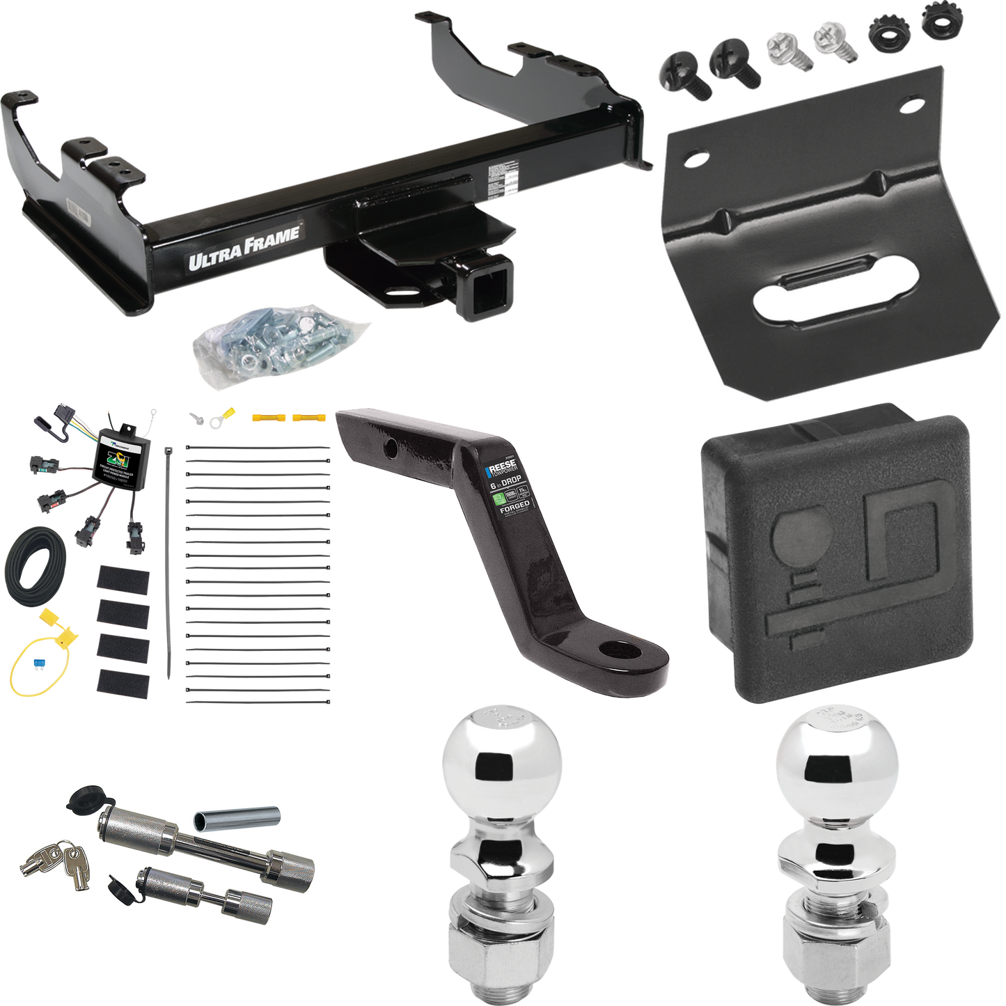 Fits 2007-2023 GMC Sierra 3500 HD Trailer Hitch Tow PKG w/ 4-Flat Zero Contact "No Splice" Wiring Harness + Ball Mount w/ 6" Drop + Dual Hitch & Coupler Locks + 2" Ball + 2-5/16" Ball + Hitch Cover + Wiring Bracket (For Cab & Chassis, w/34" Wide Fram