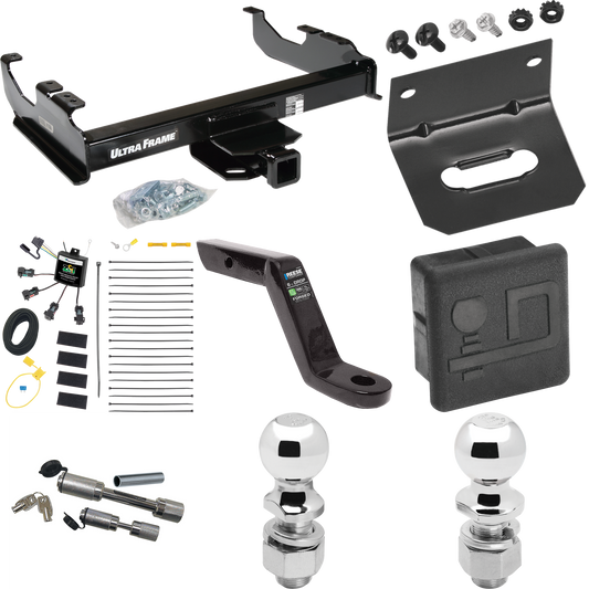 Fits 2007-2023 GMC Sierra 3500 HD Trailer Hitch Tow PKG w/ 4-Flat Zero Contact "No Splice" Wiring Harness + Ball Mount w/ 6" Drop + Dual Hitch & Coupler Locks + 2" Ball + 2-5/16" Ball + Hitch Cover + Wiring Bracket (For Cab & Chassis, w/34" Wide Fram