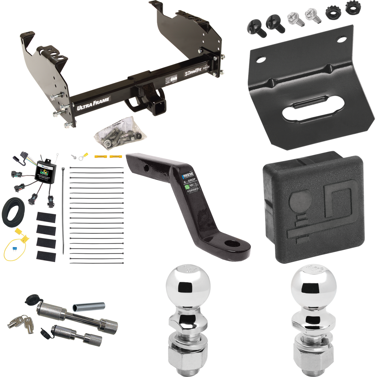 Fits 2007-2024 GMC Sierra 3500 HD Trailer Hitch Tow PKG w/ 4-Flat Zero Contact "No Splice" Wiring Harness + Ball Mount w/ 6" Drop + Dual Hitch & Coupler Locks + 2" Ball + 2-5/16" Ball + Hitch Cover + Wiring Bracket (For Cab & Chassis, w/34" Wide Fram