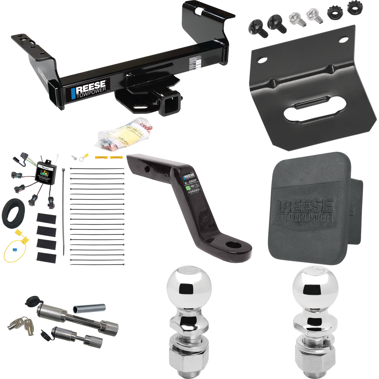 Fits 2007-2023 GMC Sierra 3500 HD Trailer Hitch Tow PKG w/ 4-Flat Zero Contact "No Splice" Wiring Harness + Ball Mount w/ 6" Drop + Dual Hitch & Coupler Locks + 2" Ball + 2-5/16" Ball + Hitch Cover + Wiring Bracket (For Cab & Chassis, w/34" Wide Fram