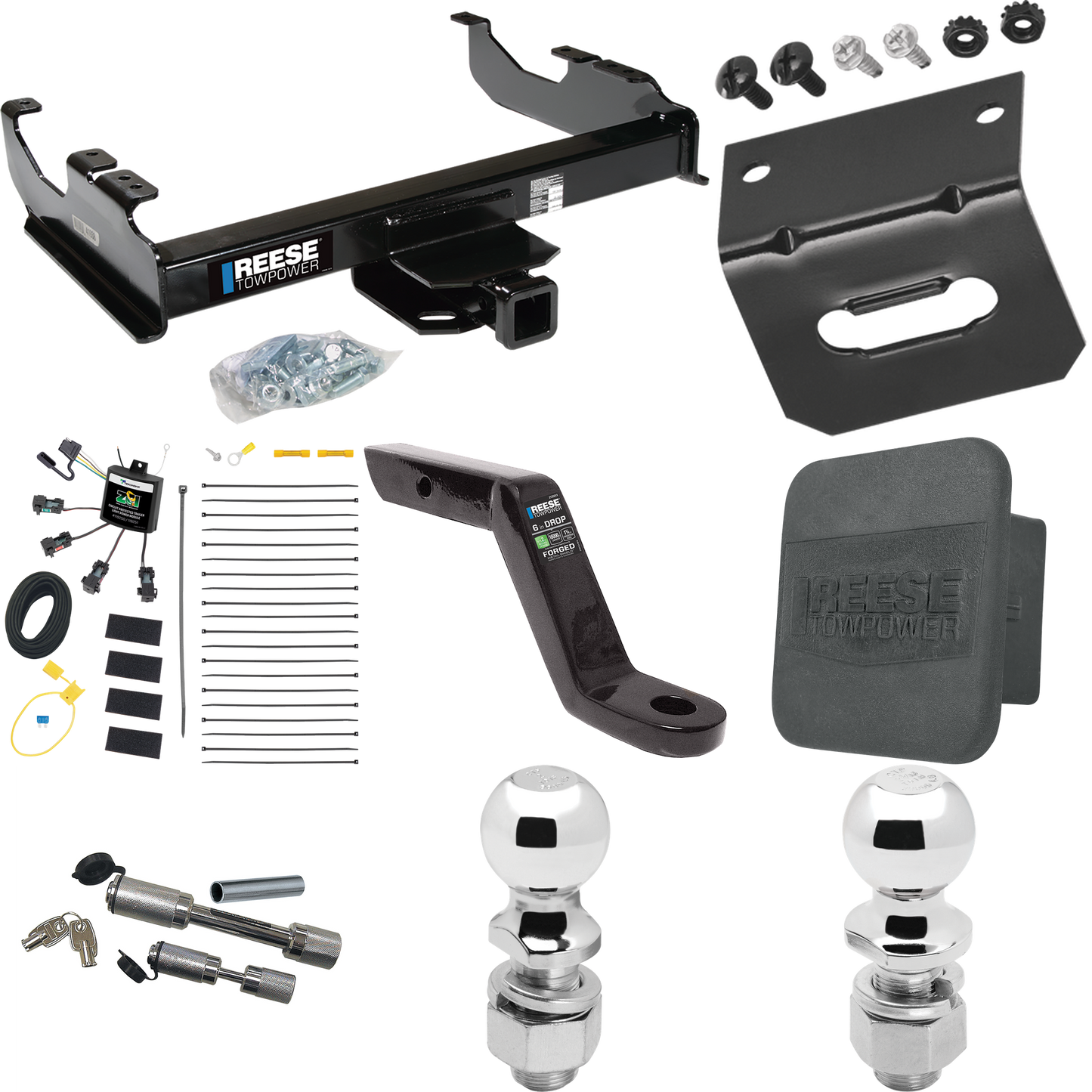 Fits 2007-2023 GMC Sierra 3500 HD Trailer Hitch Tow PKG w/ 4-Flat Zero Contact "No Splice" Wiring Harness + Ball Mount w/ 6" Drop + Dual Hitch & Coupler Locks + 2" Ball + 2-5/16" Ball + Hitch Cover + Wiring Bracket (For Cab & Chassis, w/34" Wide Fram