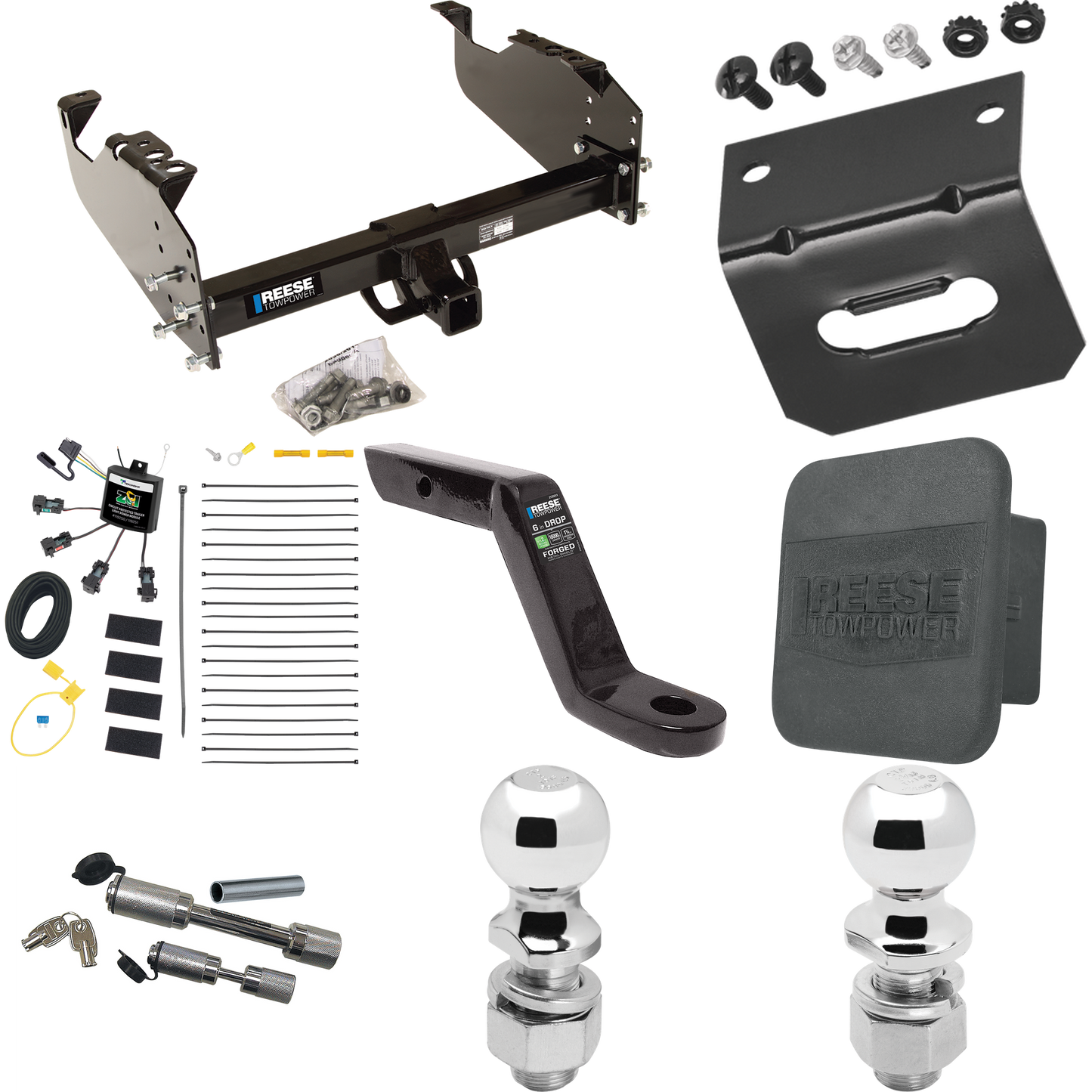 Fits 2007-2023 GMC Sierra 3500 HD Trailer Hitch Tow PKG w/ 4-Flat Zero Contact "No Splice" Wiring Harness + Ball Mount w/ 6" Drop + Dual Hitch & Coupler Locks + 2" Ball + 2-5/16" Ball + Hitch Cover + Wiring Bracket (For Cab & Chassis, w/34" Wide Fram