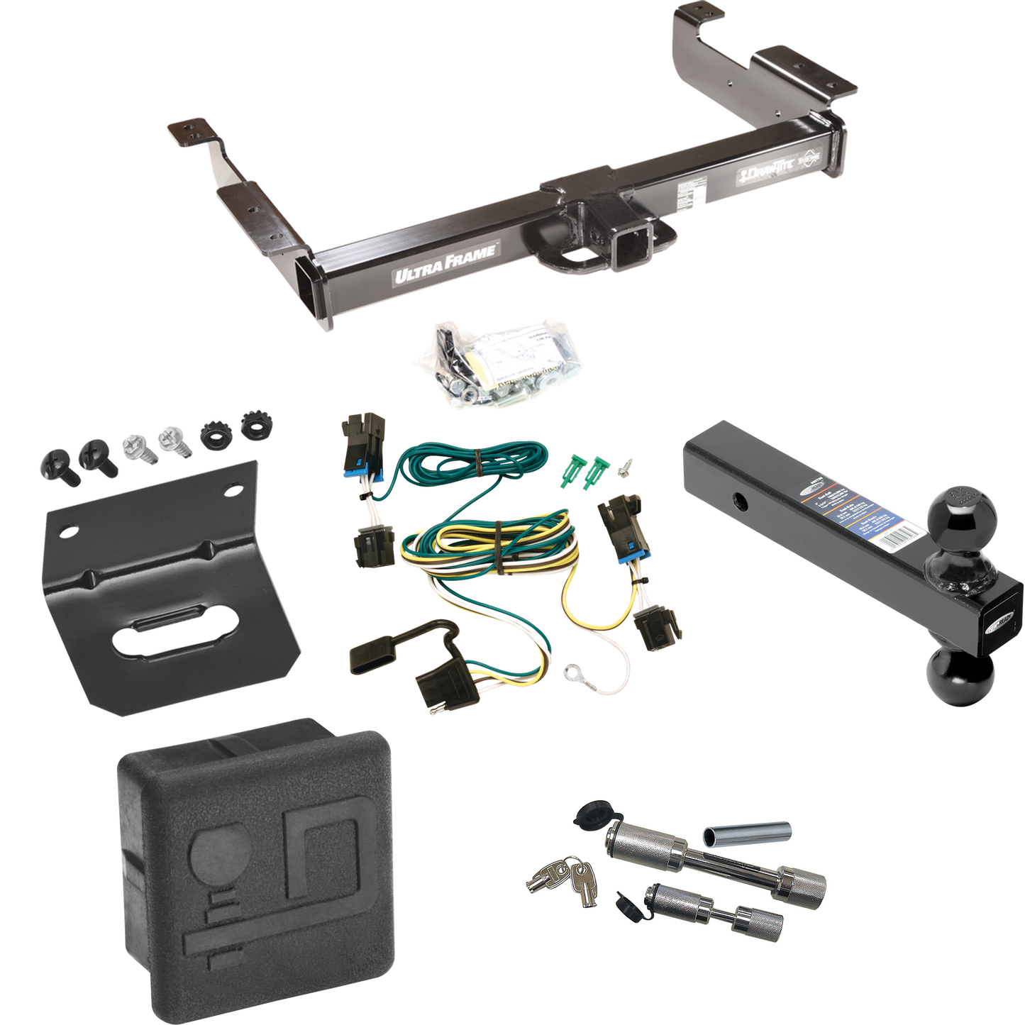 Fits 2003-2014 Chevrolet Express 1500 Trailer Hitch Tow PKG w/ 4-Flat Wiring Harness + Dual Ball Ball Mount 2" & 2-5/16" Trailer Balls + Dual Hitch & Coupler Locks + Hitch Cover + Wiring Bracket By Draw-Tite