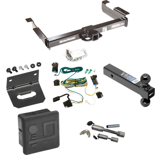 Fits 2003-2014 Chevrolet Express 1500 Trailer Hitch Tow PKG w/ 4-Flat Wiring Harness + Dual Ball Ball Mount 2" & 2-5/16" Trailer Balls + Dual Hitch & Coupler Locks + Hitch Cover + Wiring Bracket By Draw-Tite