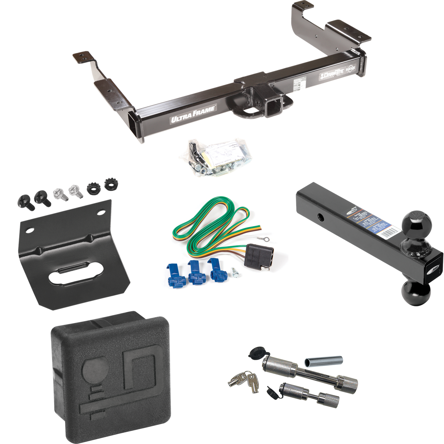 Fits 1996-1999 Chevrolet Express 3500 Trailer Hitch Tow PKG w/ 4-Flat Wiring Harness + Dual Ball Ball Mount 2" & 2-5/16" Trailer Balls + Dual Hitch & Coupler Locks + Hitch Cover + Wiring Bracket By Draw-Tite