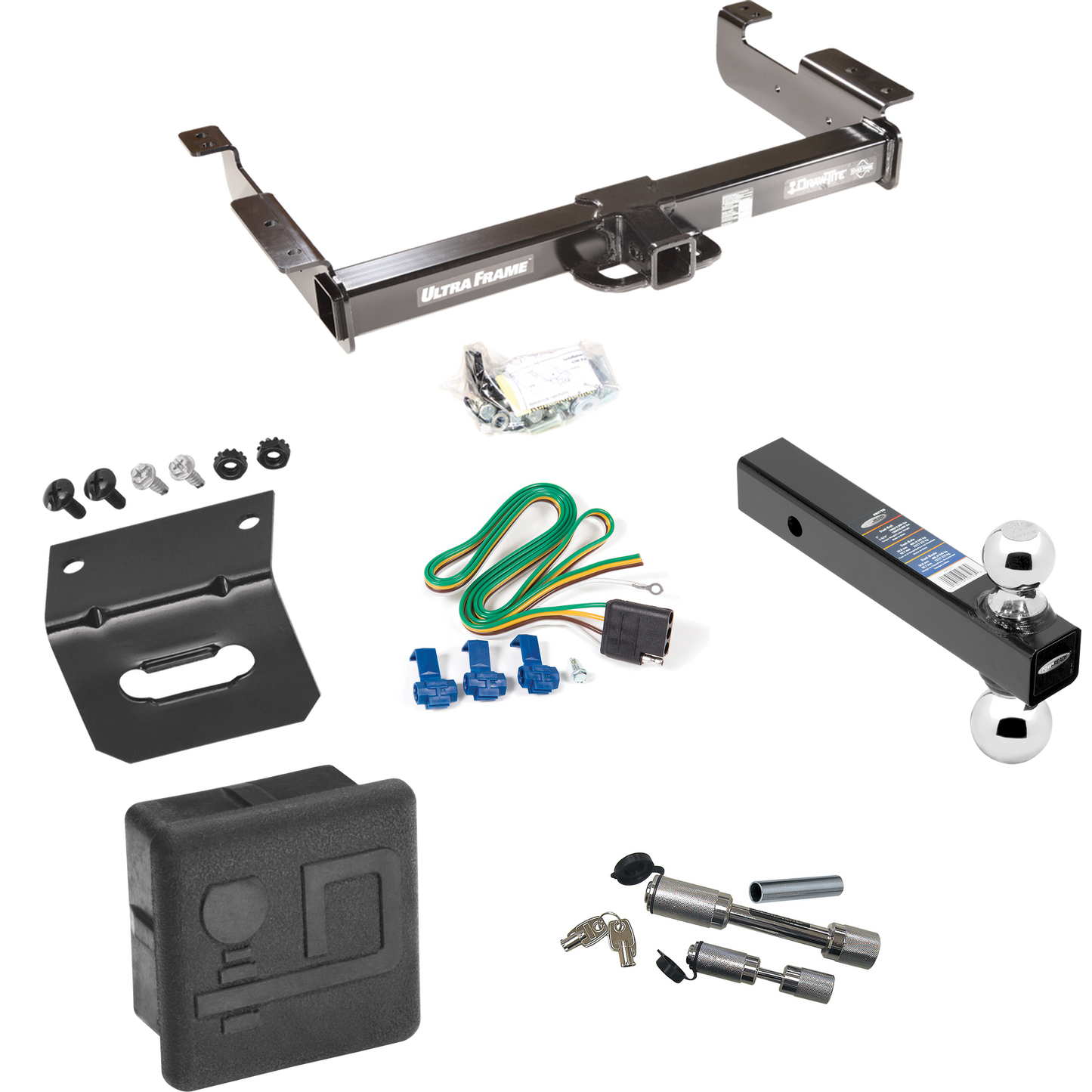 Fits 1996-1999 GMC Savana 3500 Trailer Hitch Tow PKG w/ 4-Flat Wiring Harness + Dual Ball Ball Mount 2" & 2-5/16" Trailer Balls + Dual Hitch & Coupler Locks + Hitch Cover + Wiring Bracket By Draw-Tite