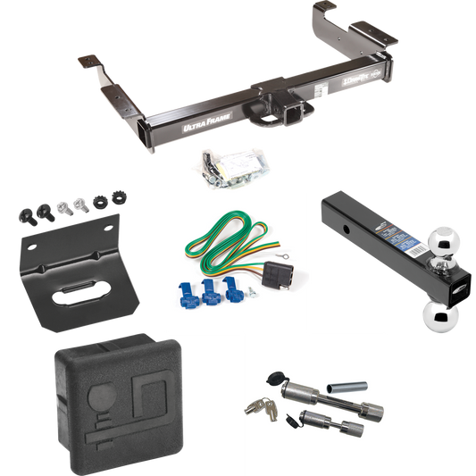 Fits 1996-1999 GMC Savana 3500 Trailer Hitch Tow PKG w/ 4-Flat Wiring Harness + Dual Ball Ball Mount 2" & 2-5/16" Trailer Balls + Dual Hitch & Coupler Locks + Hitch Cover + Wiring Bracket By Draw-Tite