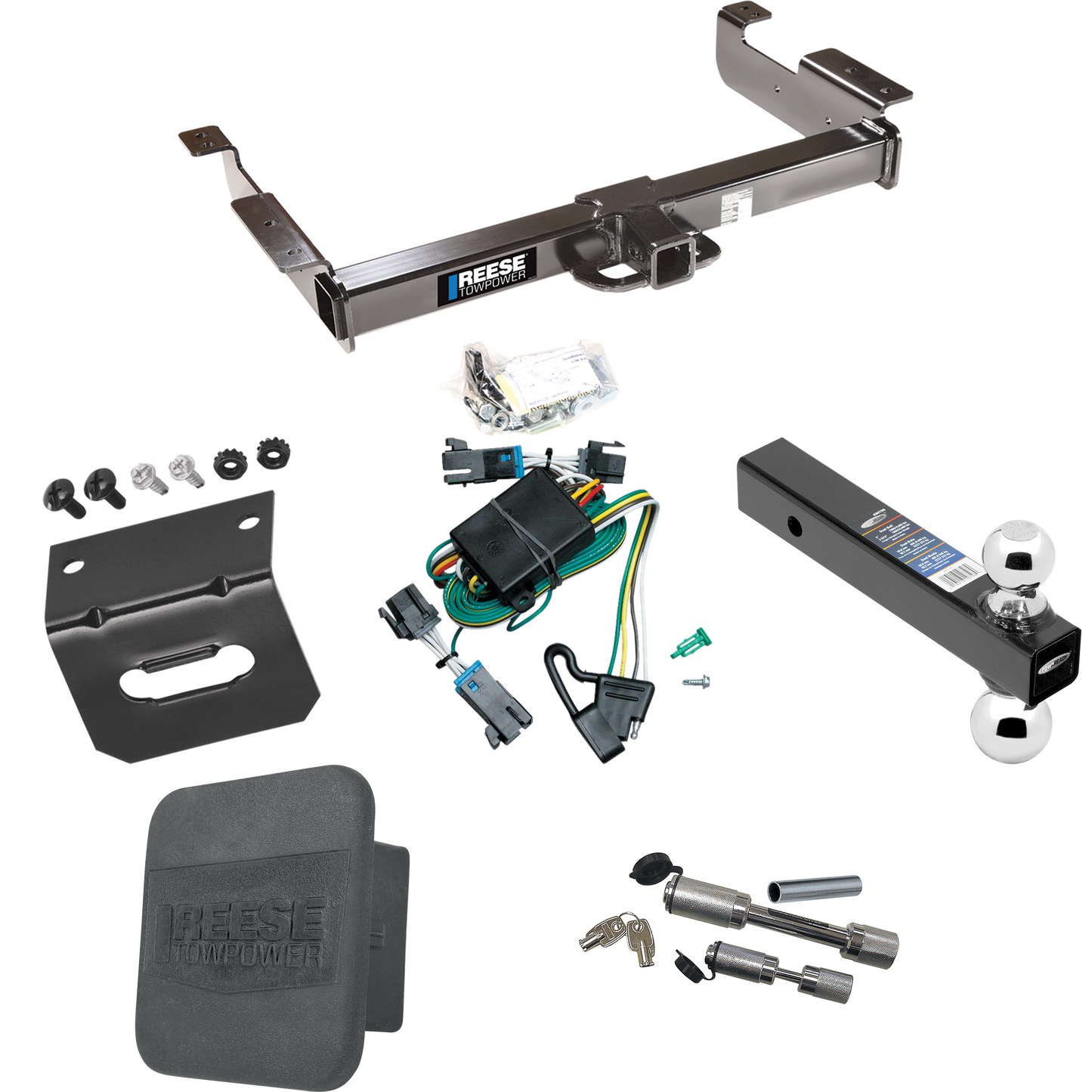 Fits 2000-2002 GMC Savana 3500 Trailer Hitch Tow PKG w/ 4-Flat Wiring Harness + Dual Ball Ball Mount 2" & 2-5/16" Trailer Balls + Dual Hitch & Coupler Locks + Hitch Cover + Wiring Bracket By Reese Towpower