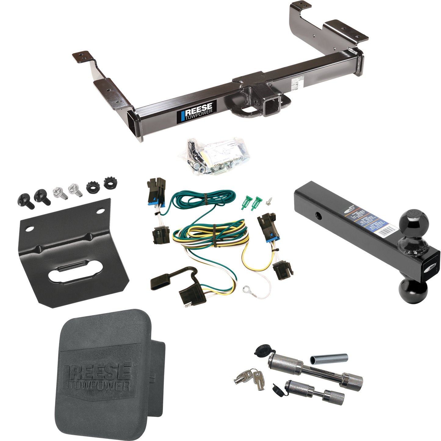 Fits 2003-2014 GMC Savana 1500 Trailer Hitch Tow PKG w/ 4-Flat Wiring Harness + Dual Ball Ball Mount 2" & 2-5/16" Trailer Balls + Dual Hitch & Coupler Locks + Hitch Cover + Wiring Bracket By Reese Towpower