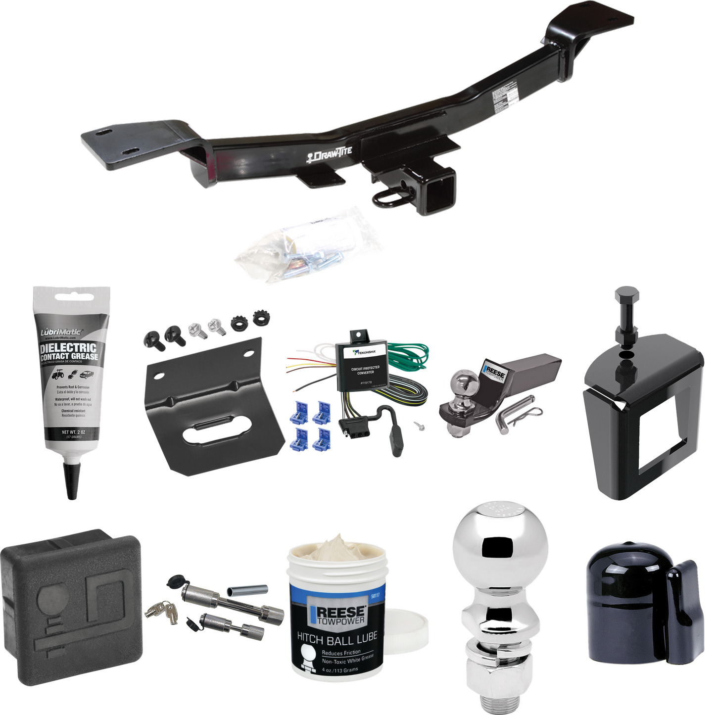 Fits 2005-2010 KIA Sportage Trailer Hitch Tow PKG w/ 4-Flat Wiring + Starter Kit Ball Mount w/ 2" Drop & 2" Ball + 2-5/16" Ball + Wiring Bracket + Dual Hitch & Coupler Locks + Hitch Cover + Wiring Tester + Ball Lube +Electric Grease + Ball Wrench + A