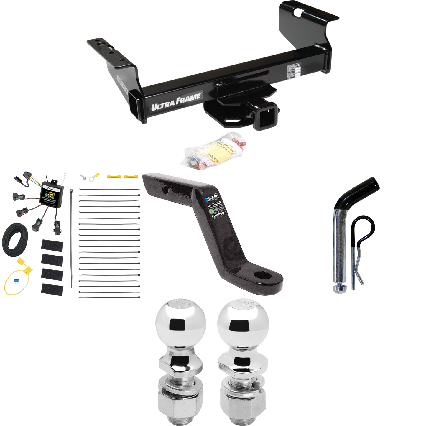 Fits 2007-2024 GMC Sierra 3500 HD Trailer Hitch Tow PKG w/ 4-Flat Zero Contact "No Splice" Wiring Harness + Ball Mount w/ 6" Drop + Pin/Clip + 2" Ball + 2-5/16" Ball (For Cab & Chassis, w/34" Wide Frames Models) By Draw-Tite