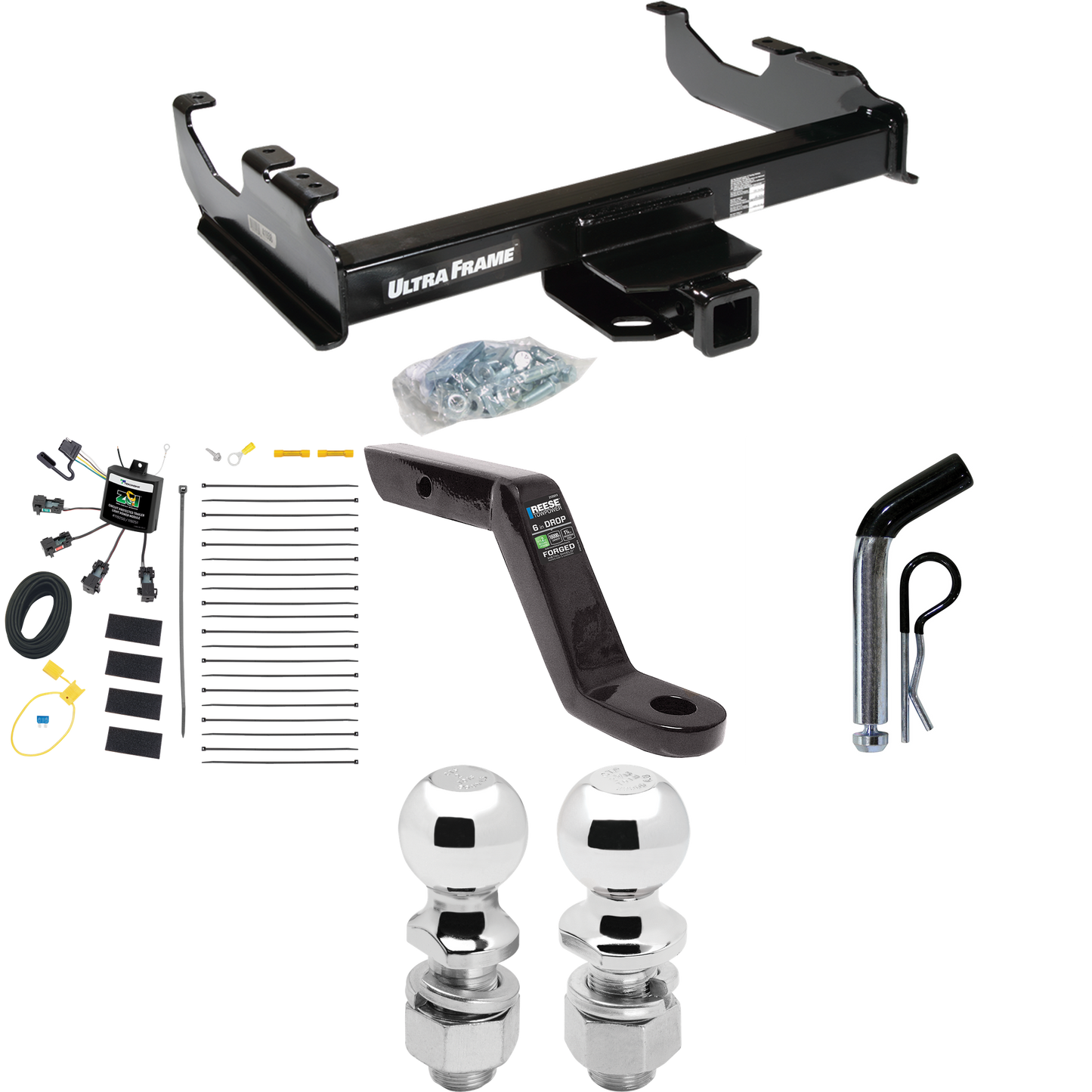 Fits 2007-2023 GMC Sierra 3500 HD Trailer Hitch Tow PKG w/ 4-Flat Zero Contact "No Splice" Wiring Harness + Ball Mount w/ 6" Drop + Pin/Clip + 2" Ball + 2-5/16" Ball (For Cab & Chassis, w/34" Wide Frames Models) By Draw-Tite