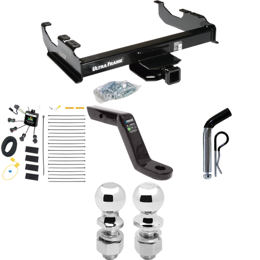 Fits 2007-2023 GMC Sierra 3500 HD Trailer Hitch Tow PKG w/ 4-Flat Zero Contact "No Splice" Wiring Harness + Ball Mount w/ 6" Drop + Pin/Clip + 2" Ball + 2-5/16" Ball (For Cab & Chassis, w/34" Wide Frames Models) By Draw-Tite