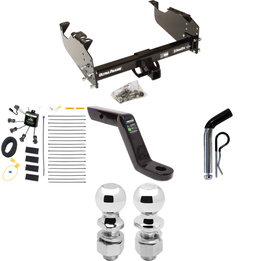 Fits 2007-2024 GMC Sierra 3500 HD Trailer Hitch Tow PKG w/ 4-Flat Zero Contact "No Splice" Wiring Harness + Ball Mount w/ 6" Drop + Pin/Clip + 2" Ball + 2-5/16" Ball (For Cab & Chassis, w/34" Wide Frames Models) By Draw-Tite