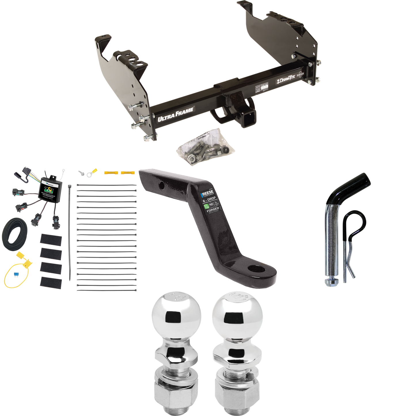 Fits 2011-2012 RAM 3500 Trailer Hitch Tow PKG w/ 4-Flat Zero Contact "No Splice" Wiring Harness + Ball Mount w/ 6" Drop + Pin/Clip + 2" Ball + 2-5/16" Ball (For Cab & Chassis, w/34" Wide Frames Models) By Draw-Tite