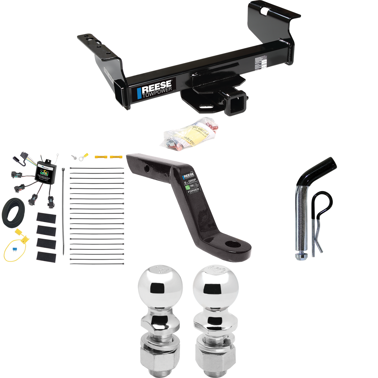 Fits 2007-2023 GMC Sierra 3500 HD Trailer Hitch Tow PKG w/ 4-Flat Zero Contact "No Splice" Wiring Harness + Ball Mount w/ 6" Drop + Pin/Clip + 2" Ball + 2-5/16" Ball (For Cab & Chassis, w/34" Wide Frames Models) By Reese Towpower