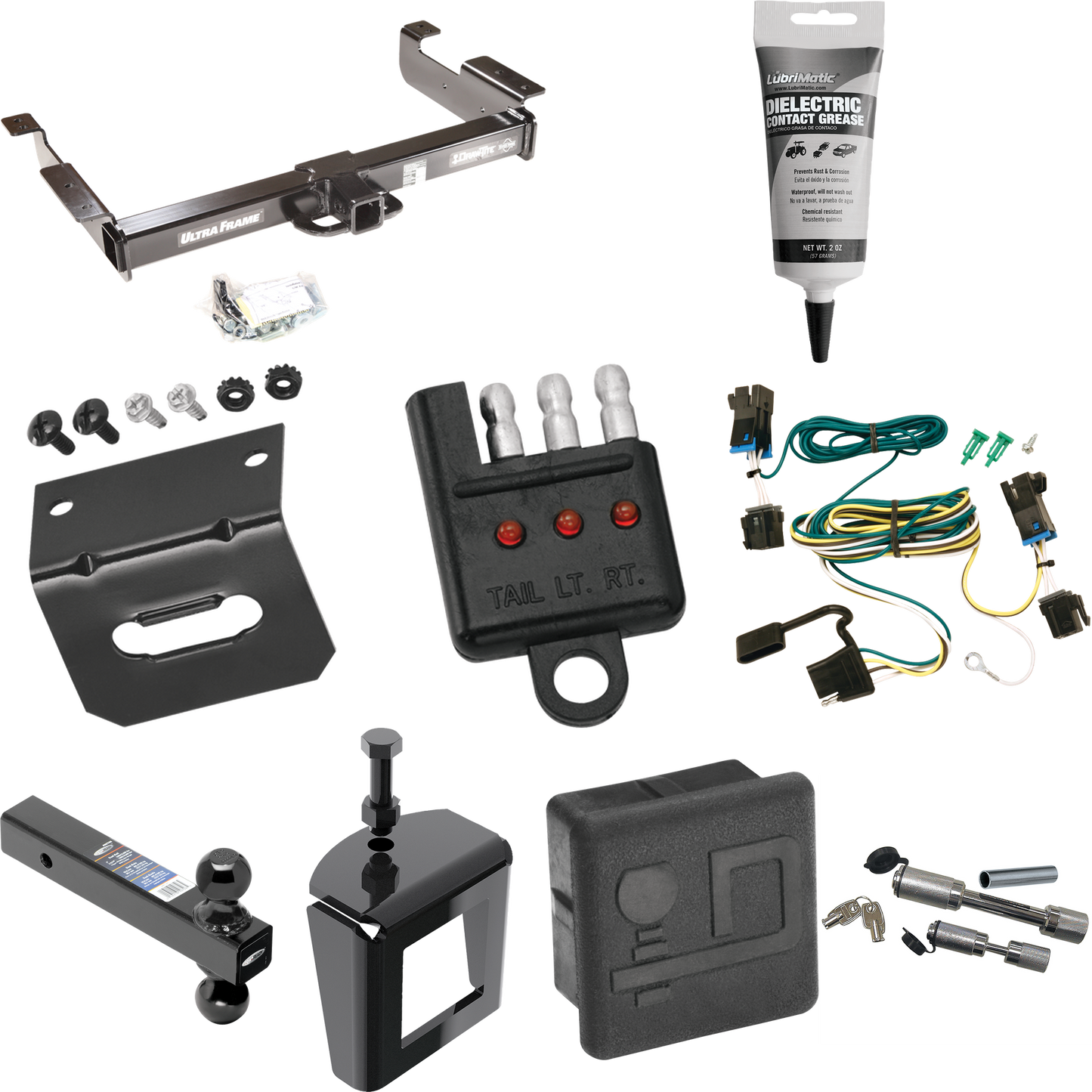 Fits 2003-2023 Chevrolet Express 3500 Trailer Hitch Tow PKG w/ 4-Flat Wiring Harness + Dual Ball Ball Mount 2" & 2-5/16" Trailer Balls + Dual Hitch & Coupler Locks + Hitch Cover + Wiring Bracket + Wiring Tester + Electric Grease + Anti Rattle Device