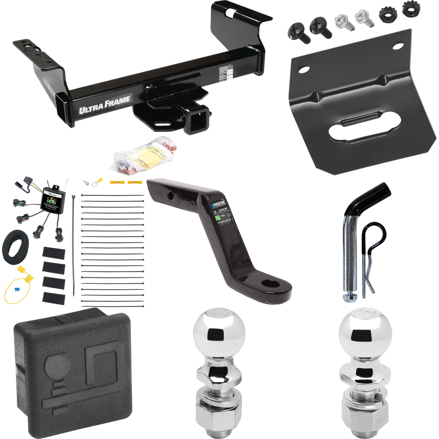 Fits 2007-2024 GMC Sierra 3500 HD Trailer Hitch Tow PKG w/ 4-Flat Zero Contact "No Splice" Wiring Harness + Ball Mount w/ 6" Drop + Pin/Clip + 2" Ball + 2-5/16" Ball + Hitch Cover + Wiring Bracket (For Cab & Chassis, w/34" Wide Frames Models) By Draw