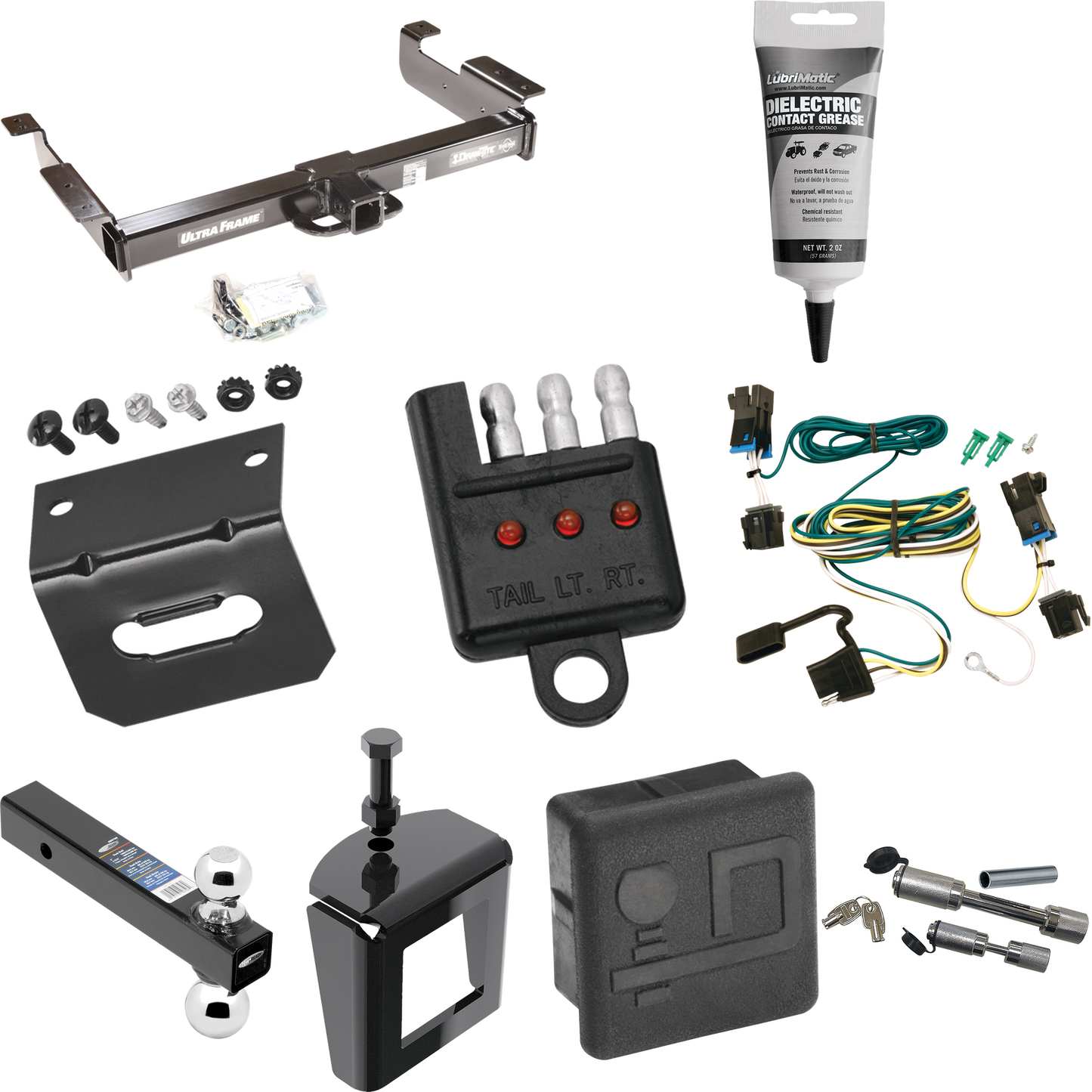 Fits 2003-2023 GMC Savana 2500 Trailer Hitch Tow PKG w/ 4-Flat Wiring Harness + Dual Ball Ball Mount 2" & 2-5/16" Trailer Balls + Dual Hitch & Coupler Locks + Hitch Cover + Wiring Bracket + Wiring Tester + Electric Grease + Anti Rattle Device By Draw