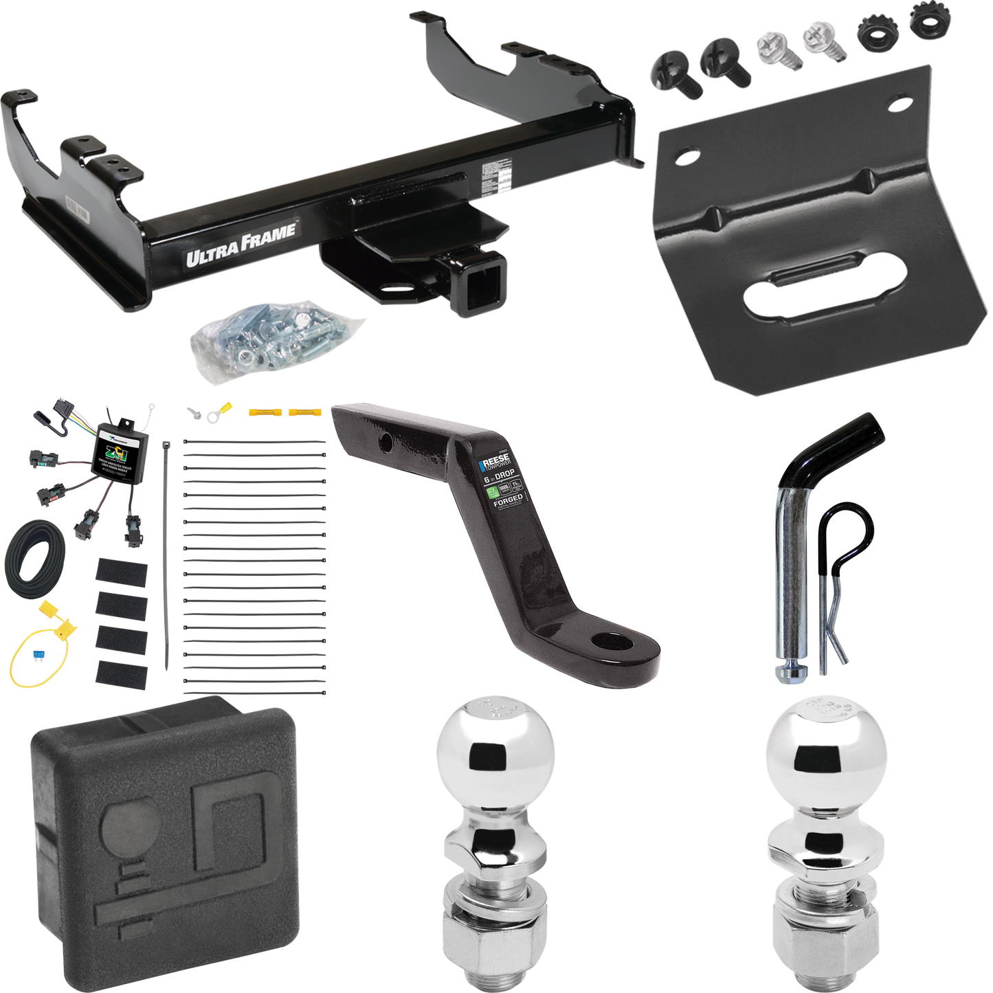 Fits 2007-2023 GMC Sierra 3500 HD Trailer Hitch Tow PKG w/ 4-Flat Zero Contact "No Splice" Wiring Harness + Ball Mount w/ 6" Drop + Pin/Clip + 2" Ball + 2-5/16" Ball + Hitch Cover + Wiring Bracket (For Cab & Chassis, w/34" Wide Frames Models) By Draw