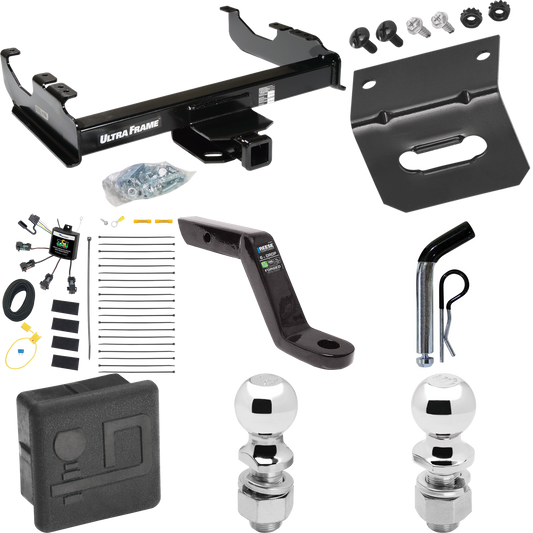 Fits 2007-2023 GMC Sierra 3500 HD Trailer Hitch Tow PKG w/ 4-Flat Zero Contact "No Splice" Wiring Harness + Ball Mount w/ 6" Drop + Pin/Clip + 2" Ball + 2-5/16" Ball + Hitch Cover + Wiring Bracket (For Cab & Chassis, w/34" Wide Frames Models) By Draw