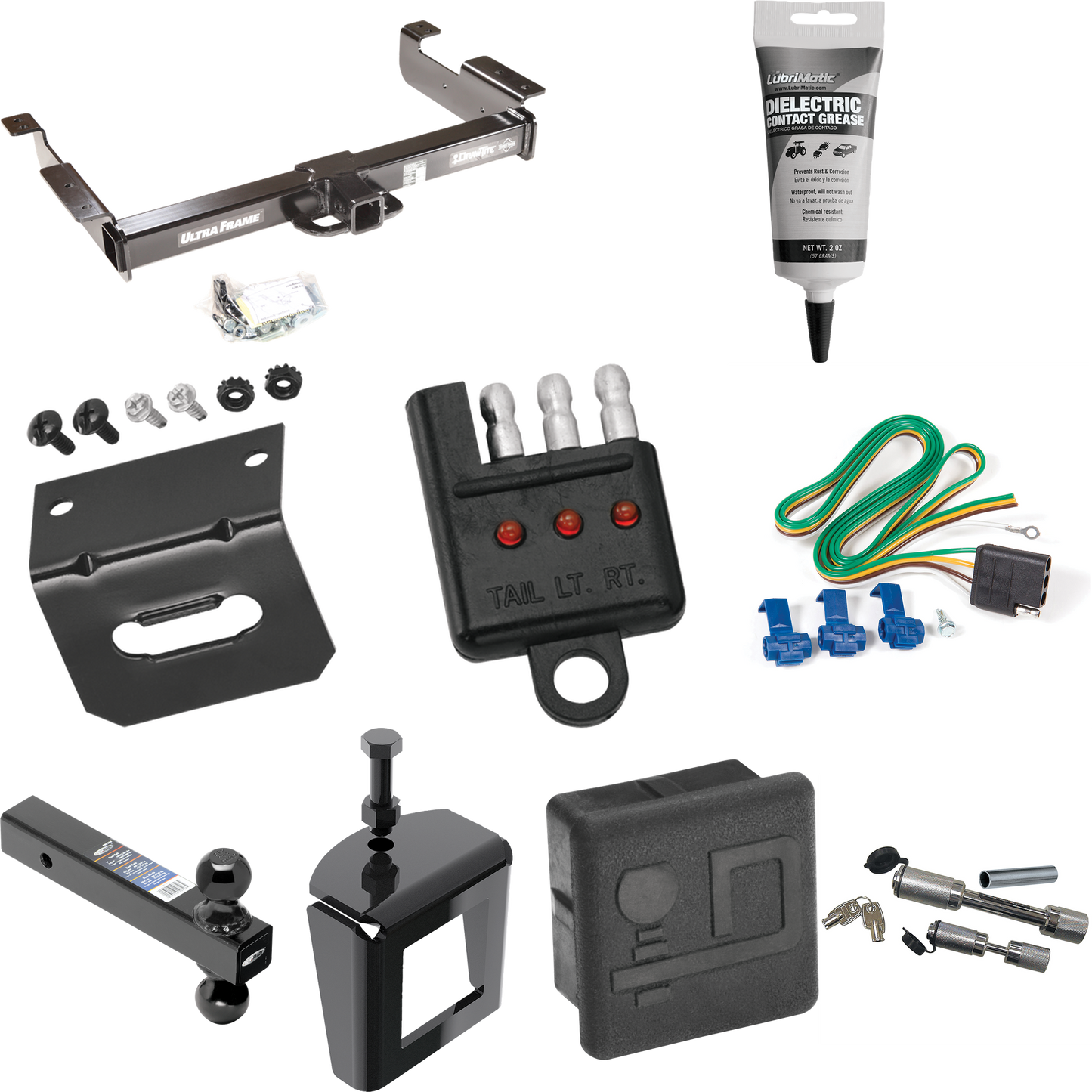 Fits 1996-1999 GMC Savana 2500 Trailer Hitch Tow PKG w/ 4-Flat Wiring Harness + Dual Ball Ball Mount 2" & 2-5/16" Trailer Balls + Dual Hitch & Coupler Locks + Hitch Cover + Wiring Bracket + Wiring Tester + Electric Grease + Anti Rattle Device By Draw