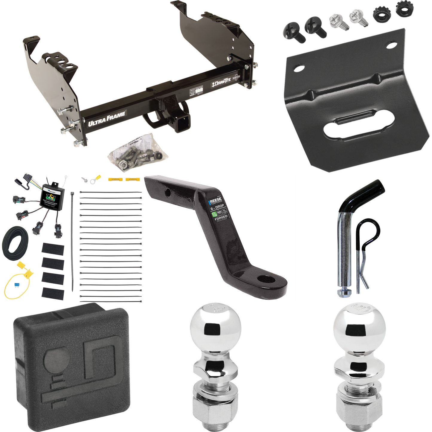 Fits 2007-2024 GMC Sierra 3500 HD Trailer Hitch Tow PKG w/ 4-Flat Zero Contact "No Splice" Wiring Harness + Ball Mount w/ 6" Drop + Pin/Clip + 2" Ball + 2-5/16" Ball + Hitch Cover + Wiring Bracket (For Cab & Chassis, w/34" Wide Frames Models) By Draw