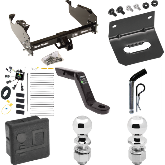 Fits 2007-2024 GMC Sierra 3500 HD Trailer Hitch Tow PKG w/ 4-Flat Zero Contact "No Splice" Wiring Harness + Ball Mount w/ 6" Drop + Pin/Clip + 2" Ball + 2-5/16" Ball + Hitch Cover + Wiring Bracket (For Cab & Chassis, w/34" Wide Frames Models) By Draw