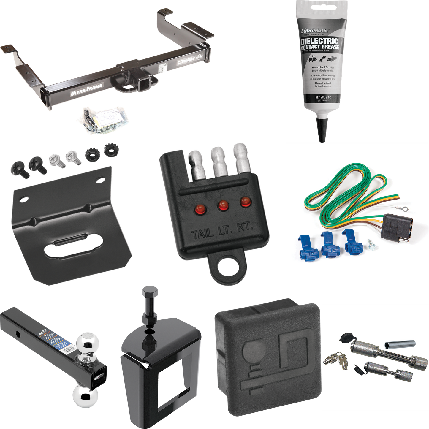 Fits 1996-1999 GMC Savana 2500 Trailer Hitch Tow PKG w/ 4-Flat Wiring Harness + Dual Ball Ball Mount 2" & 2-5/16" Trailer Balls + Dual Hitch & Coupler Locks + Hitch Cover + Wiring Bracket + Wiring Tester + Electric Grease + Anti Rattle Device By Draw