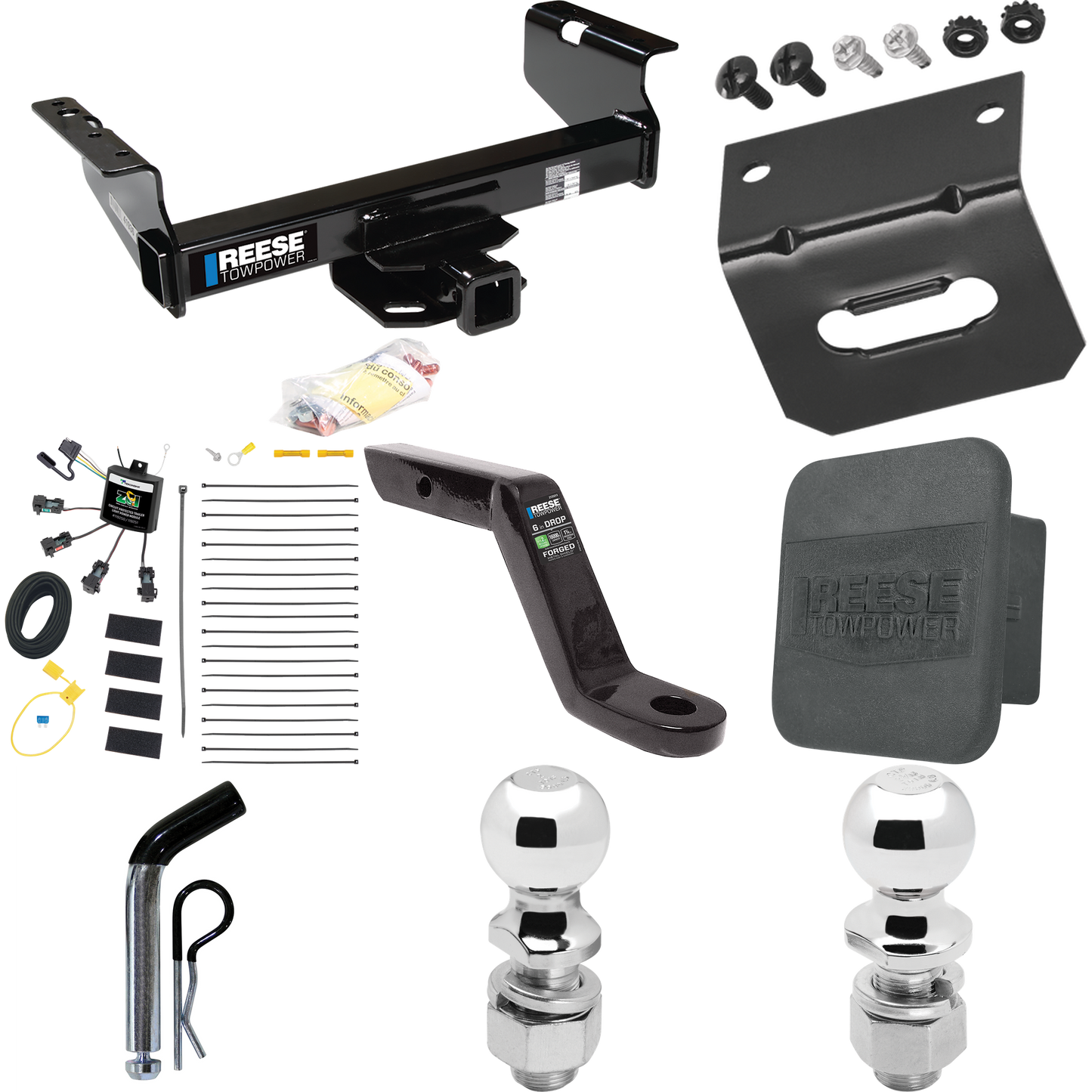 Fits 2007-2023 GMC Sierra 3500 HD Trailer Hitch Tow PKG w/ 4-Flat Zero Contact "No Splice" Wiring Harness + Ball Mount w/ 6" Drop + Pin/Clip + 2" Ball + 2-5/16" Ball + Hitch Cover + Wiring Bracket (For Cab & Chassis, w/34" Wide Frames Models) By Rees