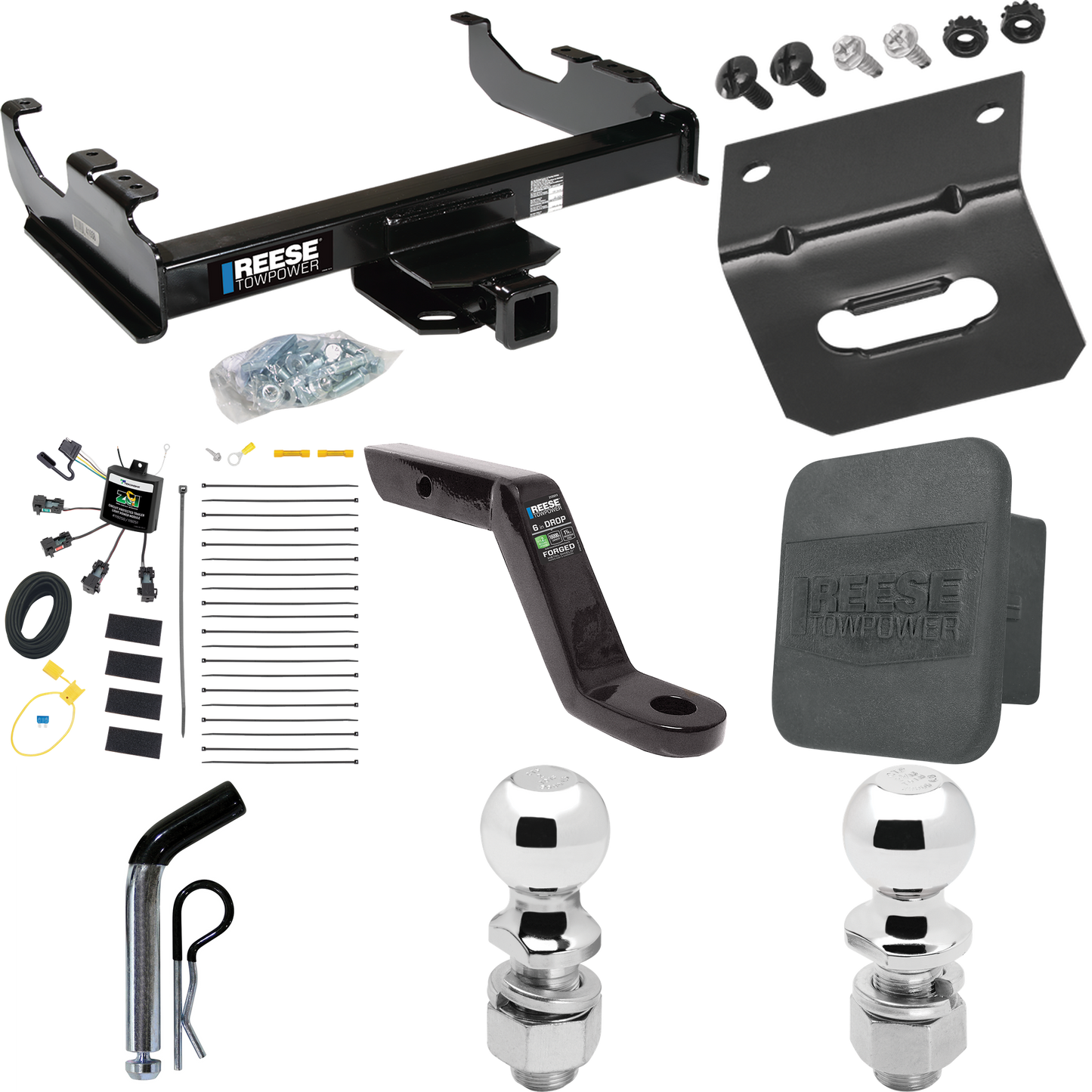 Fits 2007-2023 GMC Sierra 3500 HD Trailer Hitch Tow PKG w/ 4-Flat Zero Contact "No Splice" Wiring Harness + Ball Mount w/ 6" Drop + Pin/Clip + 2" Ball + 2-5/16" Ball + Hitch Cover + Wiring Bracket (For Cab & Chassis, w/34" Wide Frames Models) By Rees